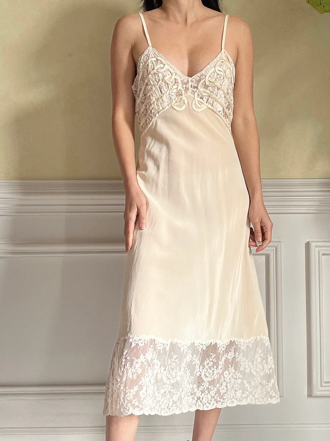 1930s Silk Crepe Alecon Lace Slip Dress - XS