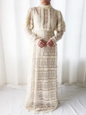 1970s Bohemian Puff Sleeves Lace Dress - S