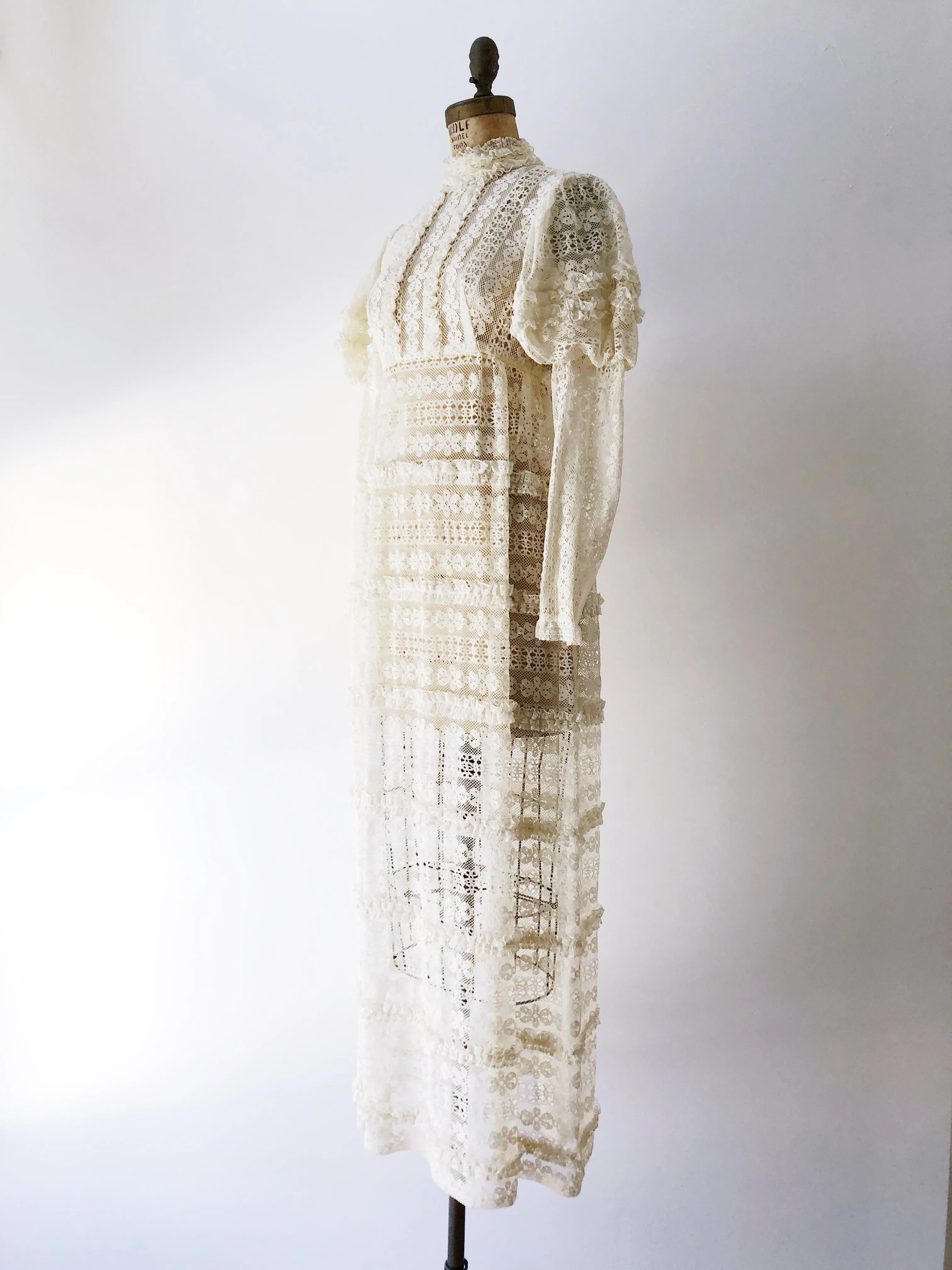 1970s Bohemian Puff Sleeves Lace Dress - S