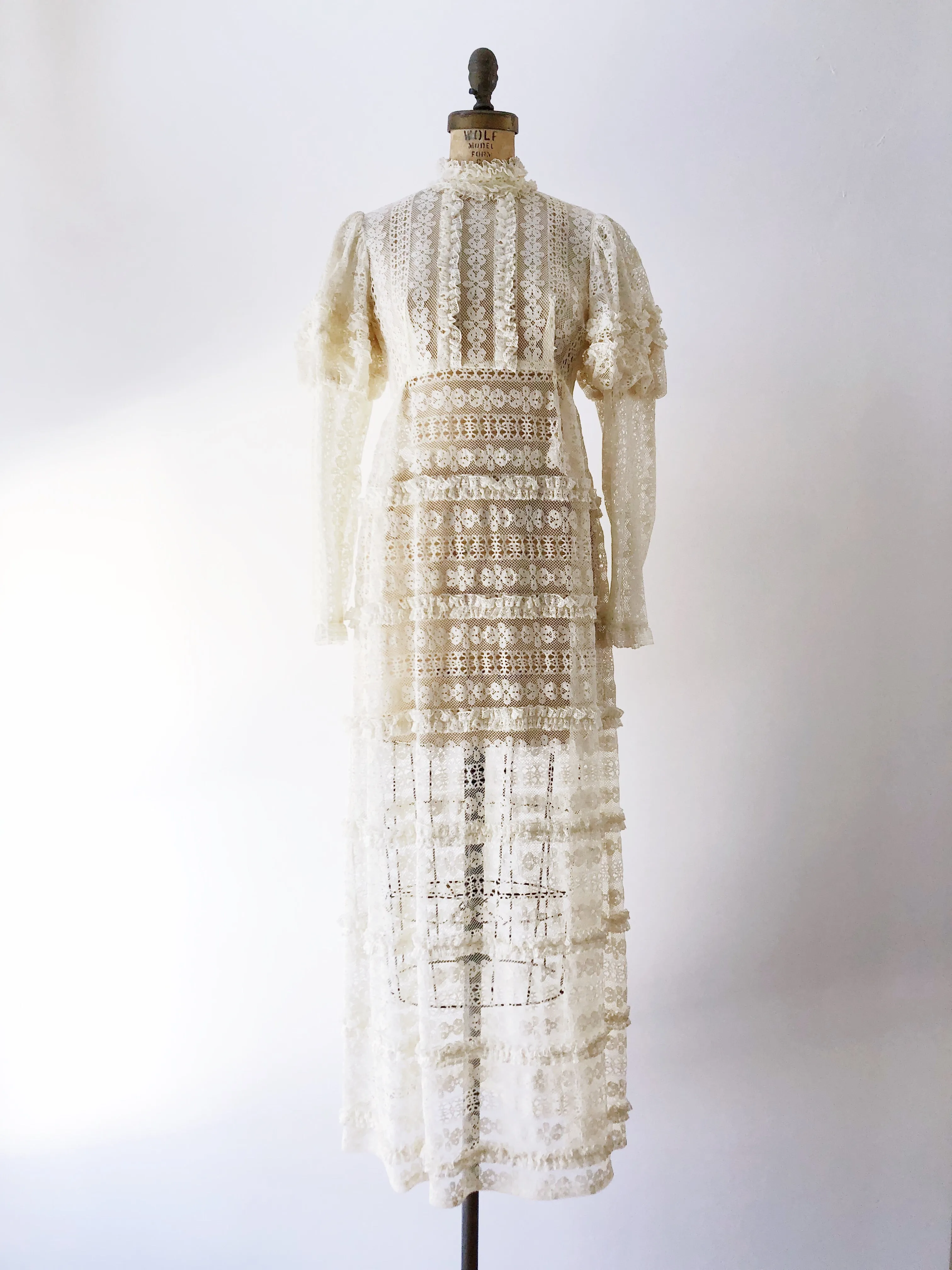 1970s Bohemian Puff Sleeves Lace Dress - S