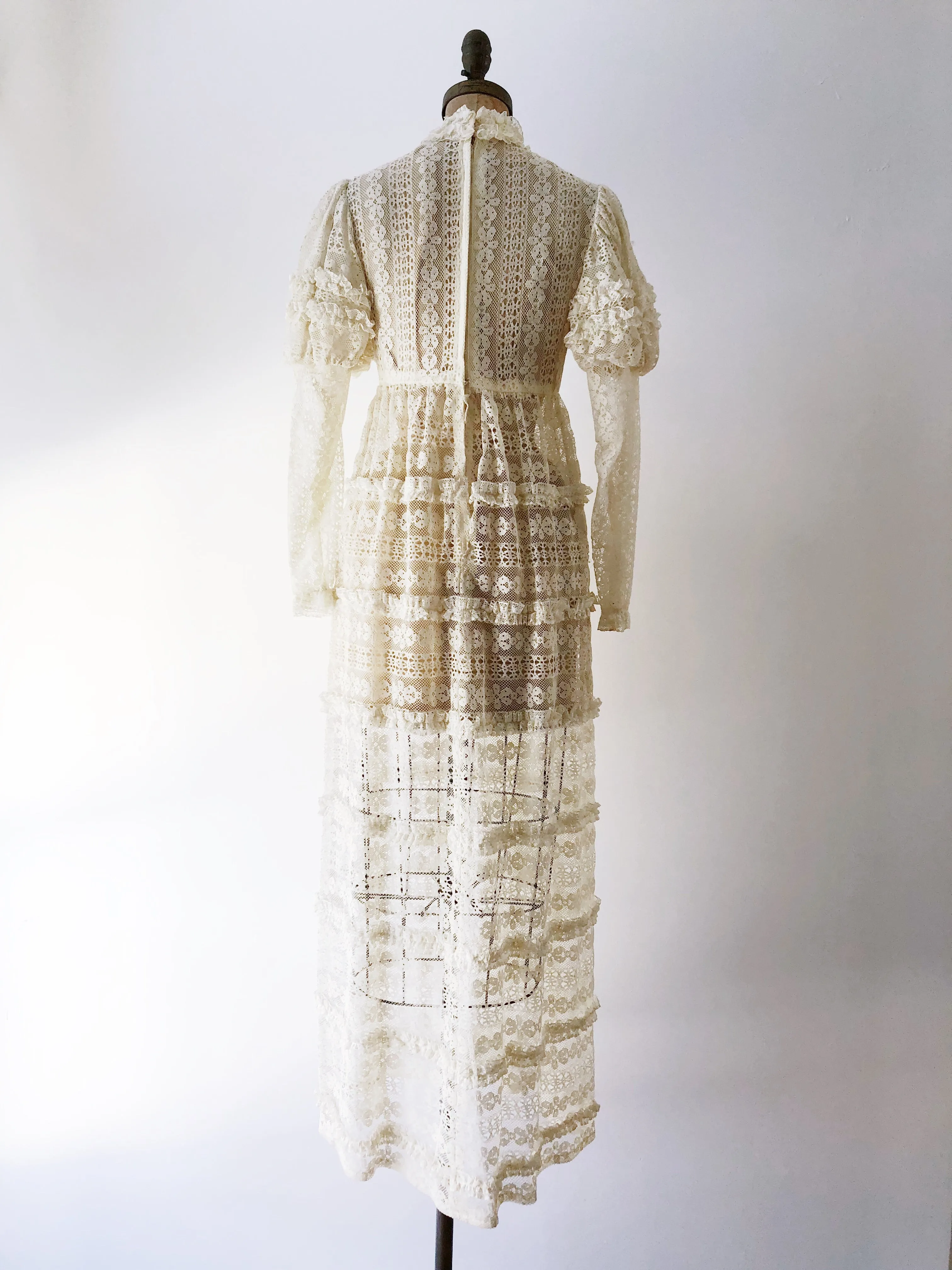 1970s Bohemian Puff Sleeves Lace Dress - S