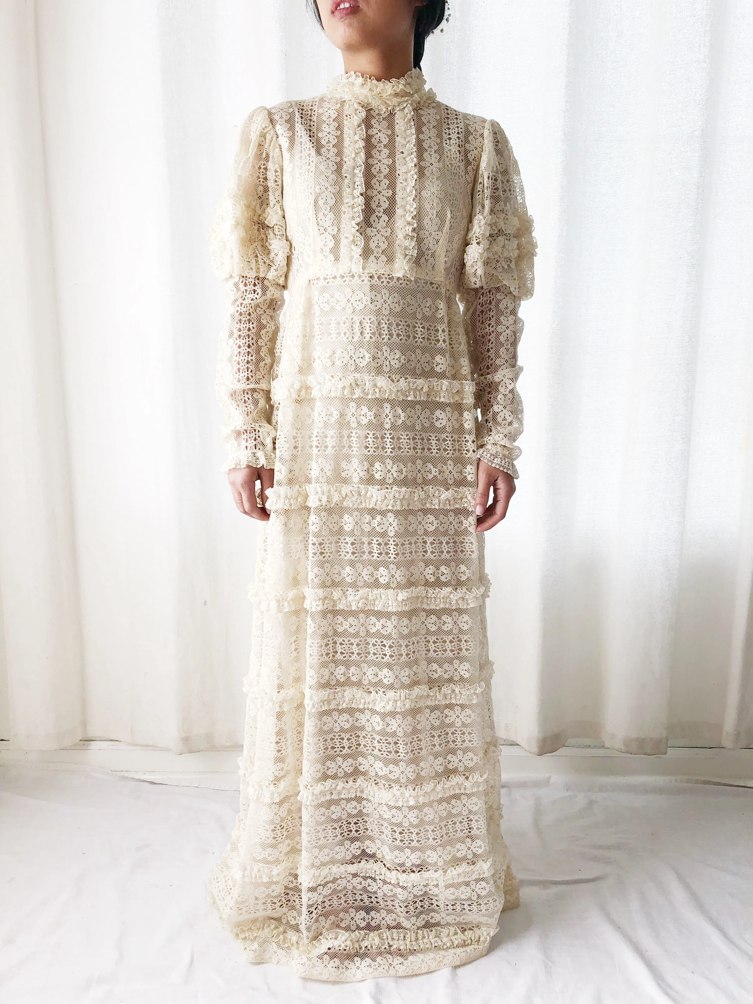 1970s Bohemian Puff Sleeves Lace Dress - S