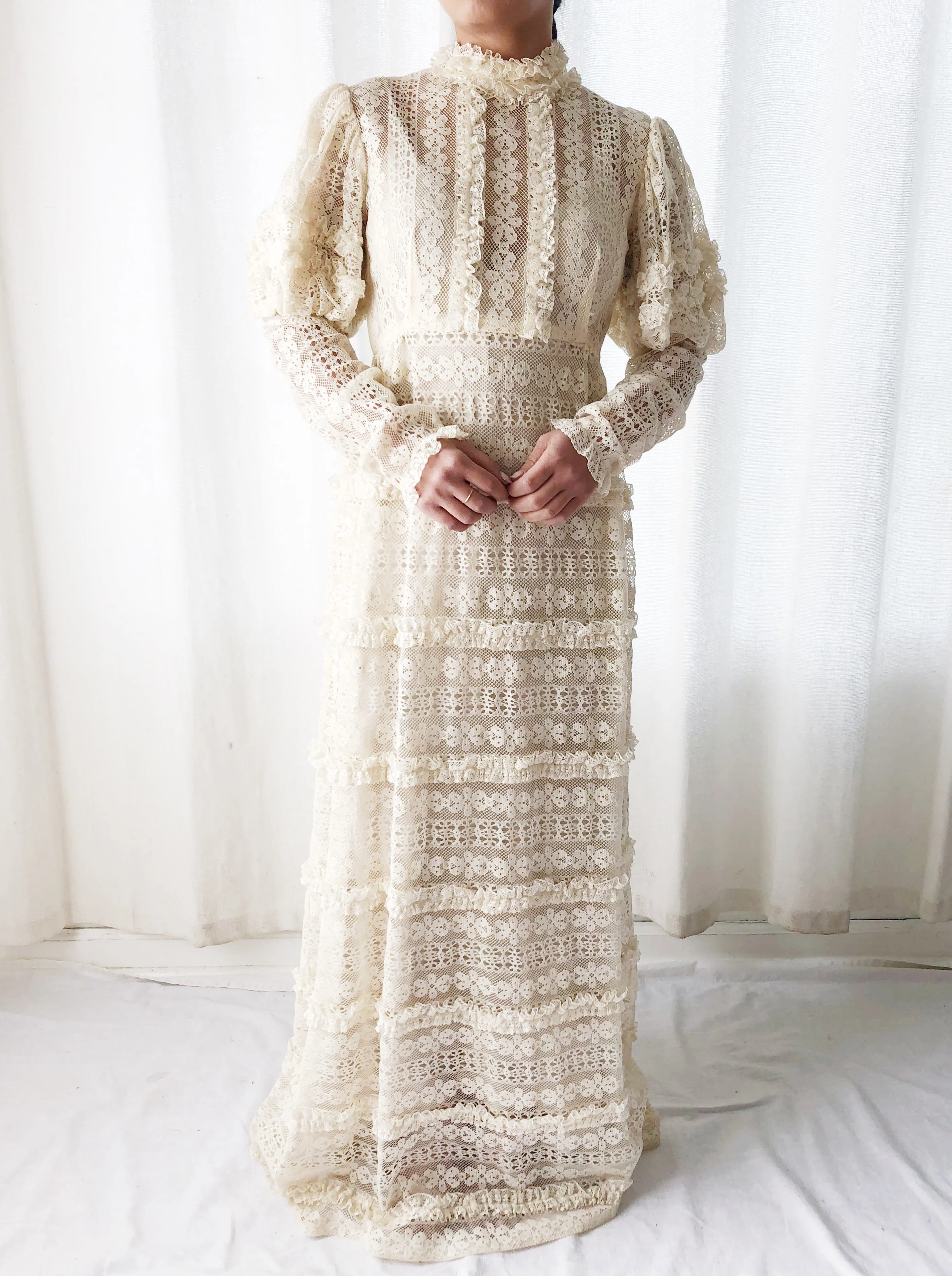 1970s Bohemian Puff Sleeves Lace Dress - S