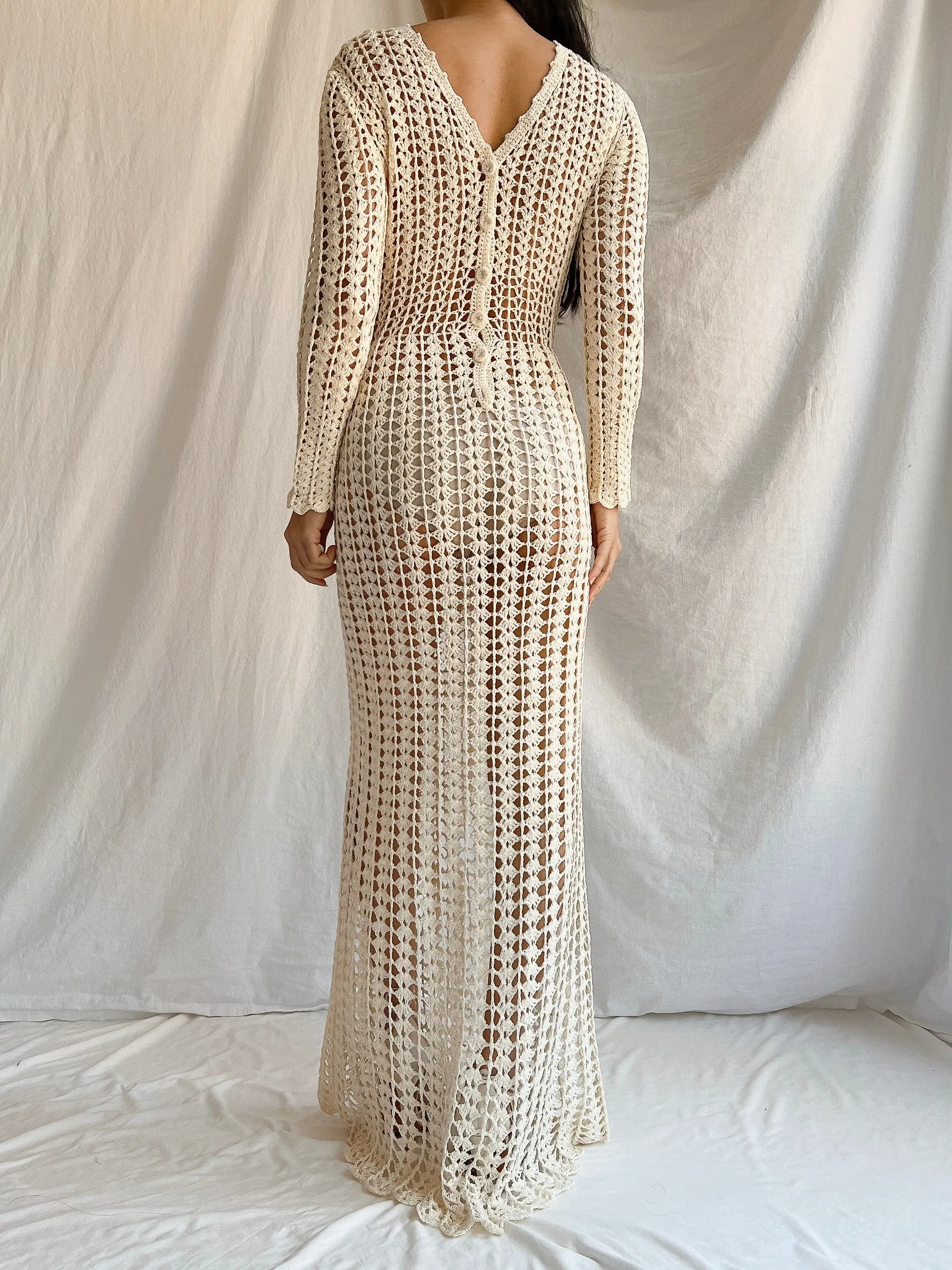 1970s Reversible Crochet Long Sleeve Dress - S