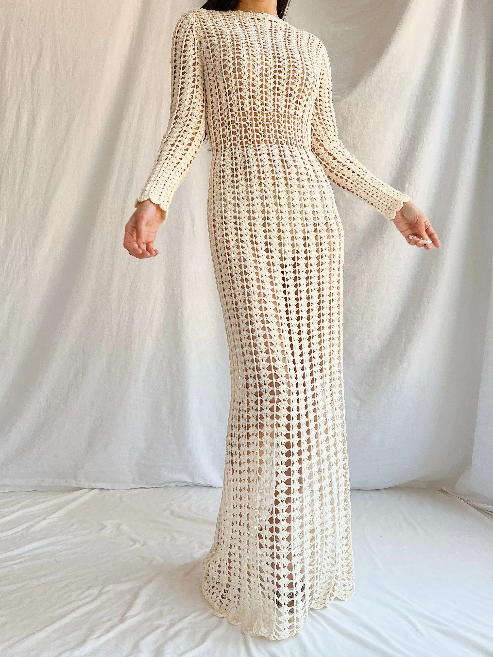 1970s Reversible Crochet Long Sleeve Dress - S