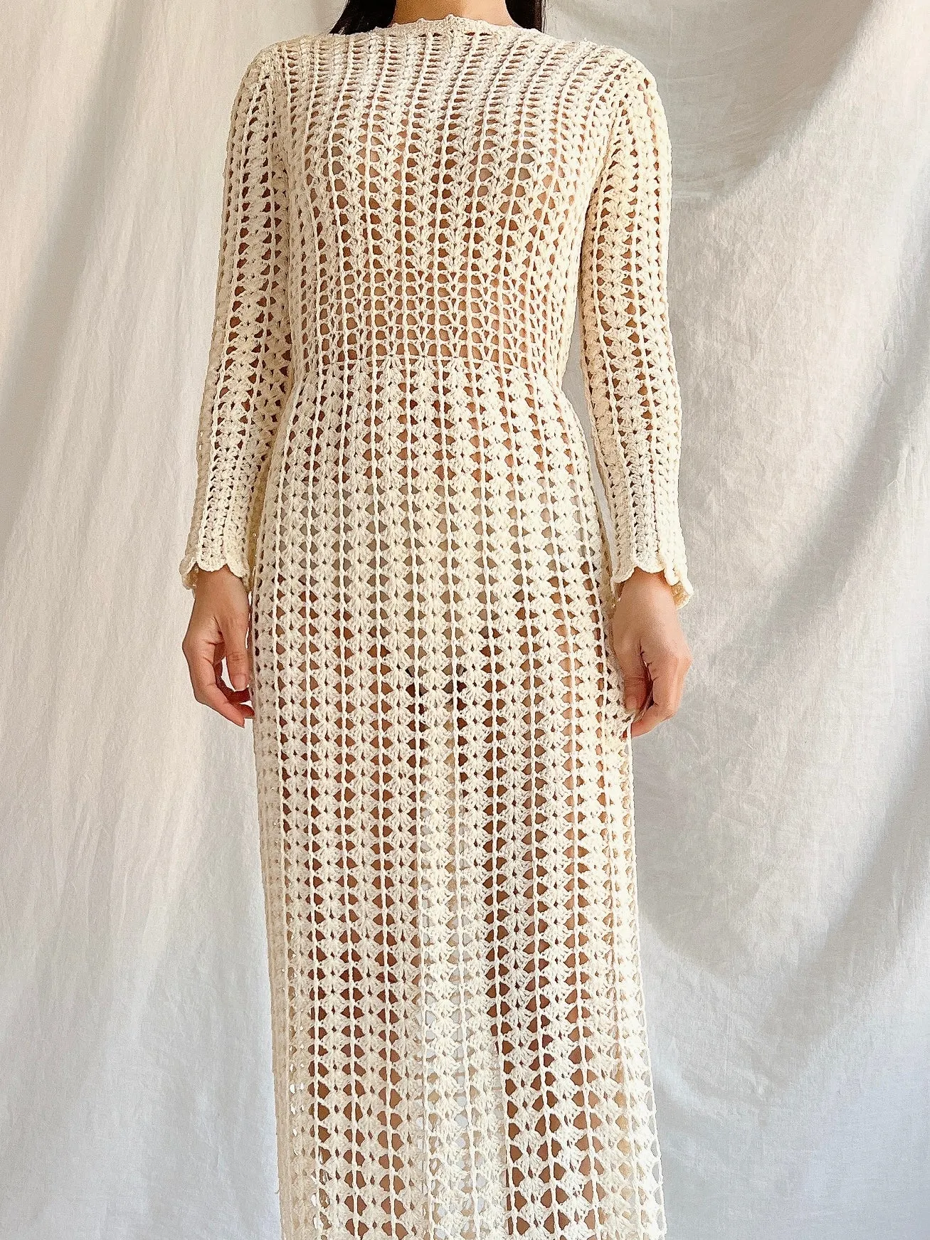 1970s Reversible Crochet Long Sleeve Dress - S