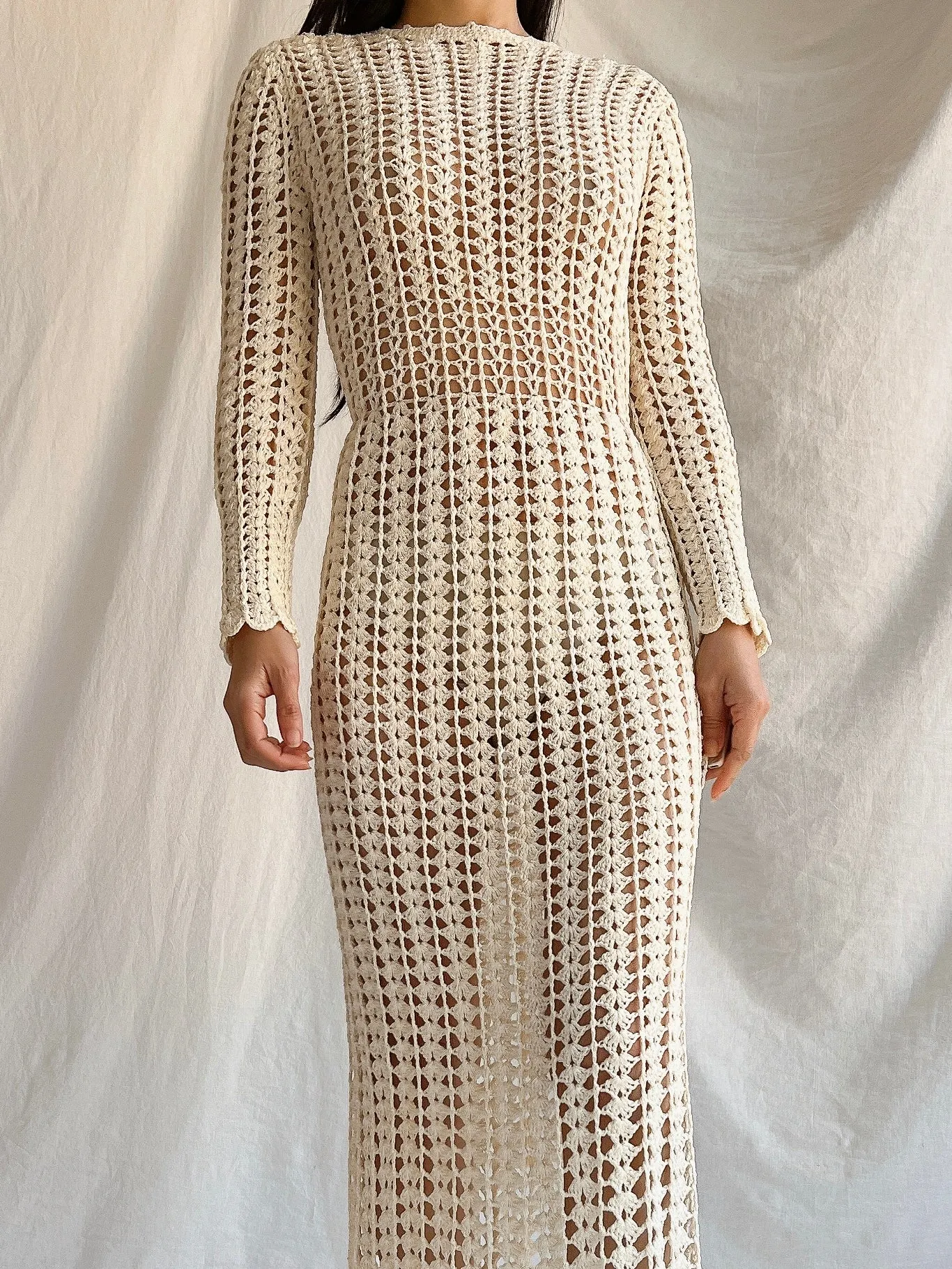 1970s Reversible Crochet Long Sleeve Dress - S