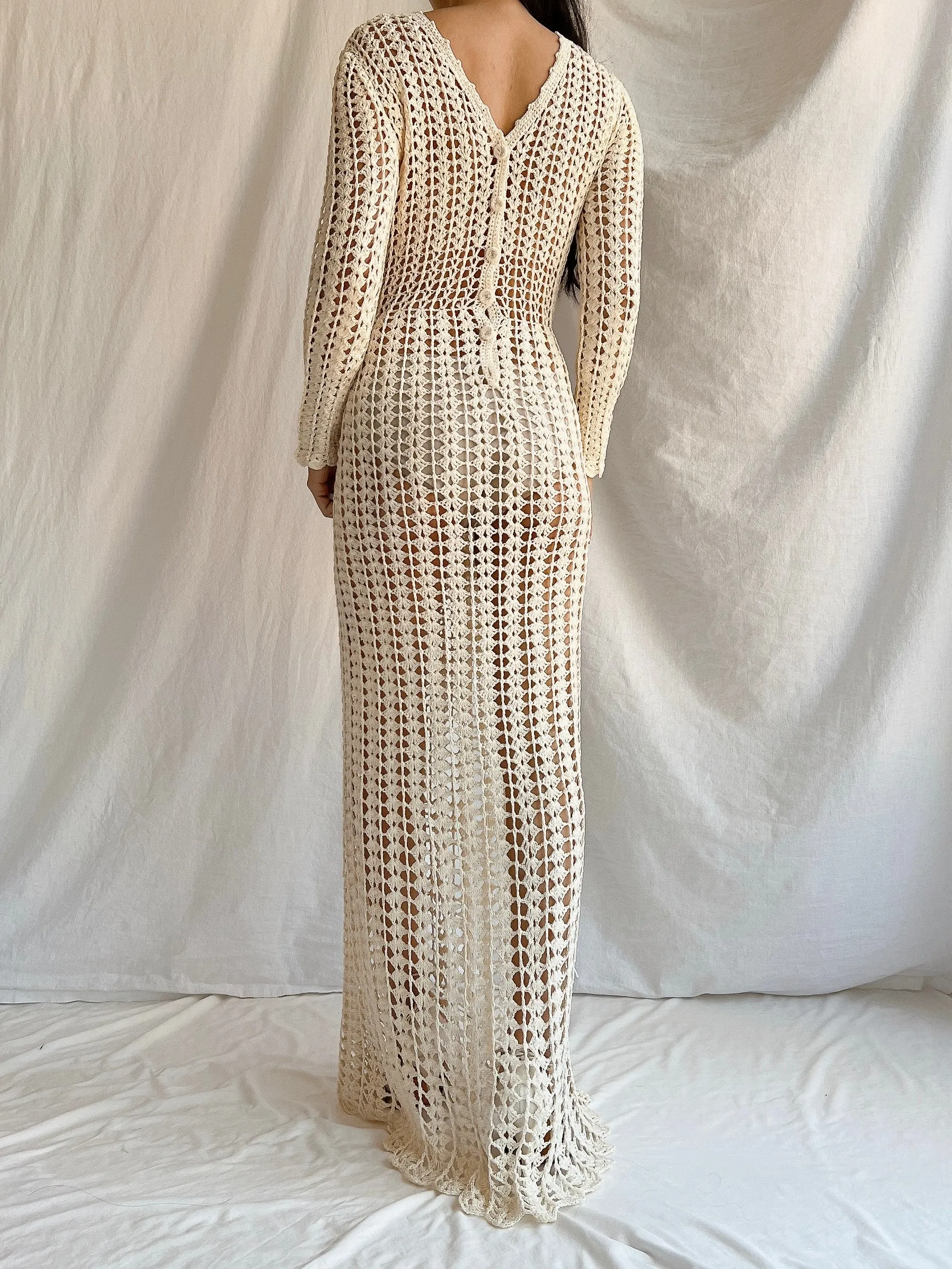 1970s Reversible Crochet Long Sleeve Dress - S