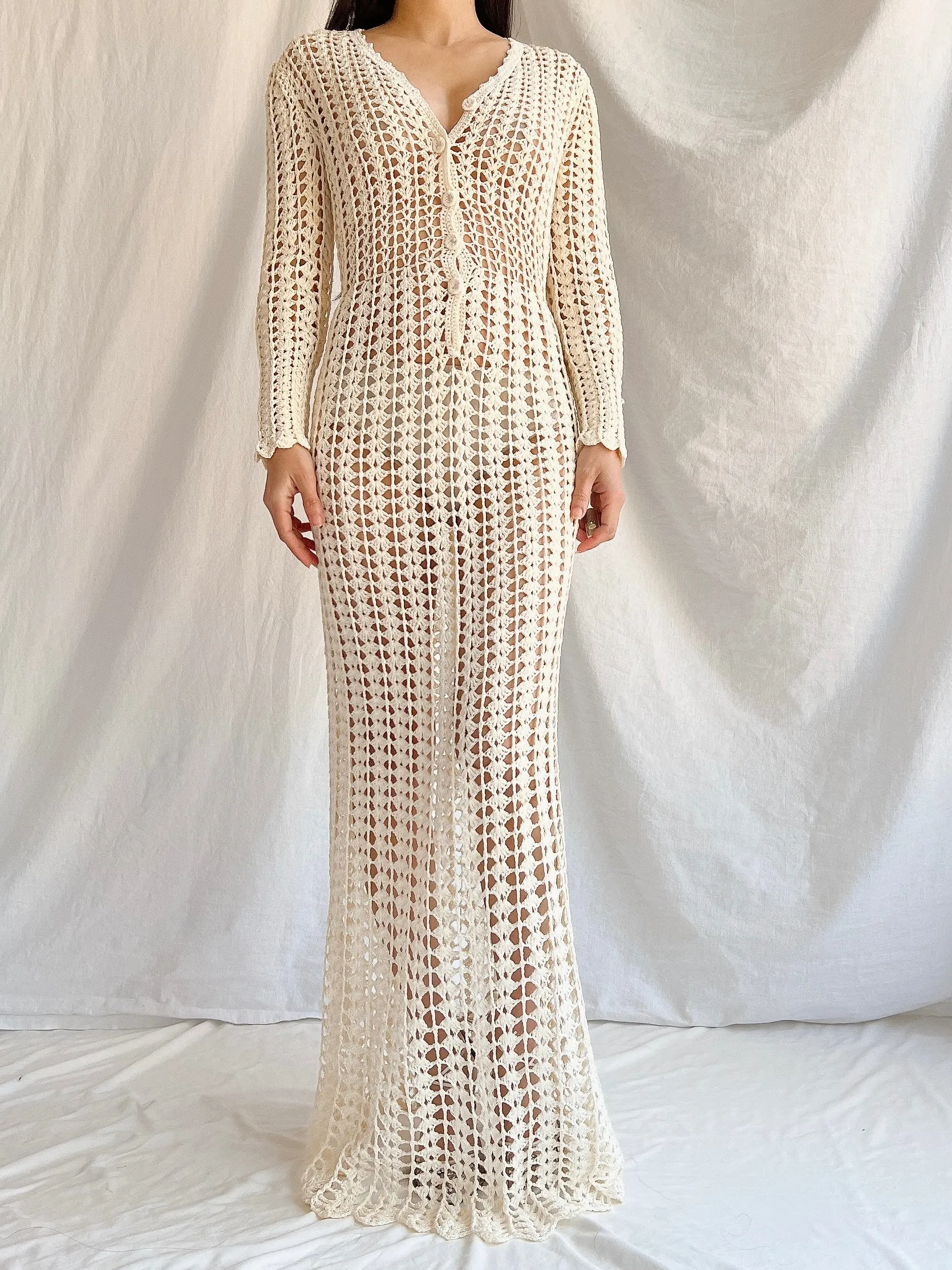 1970s Reversible Crochet Long Sleeve Dress - S