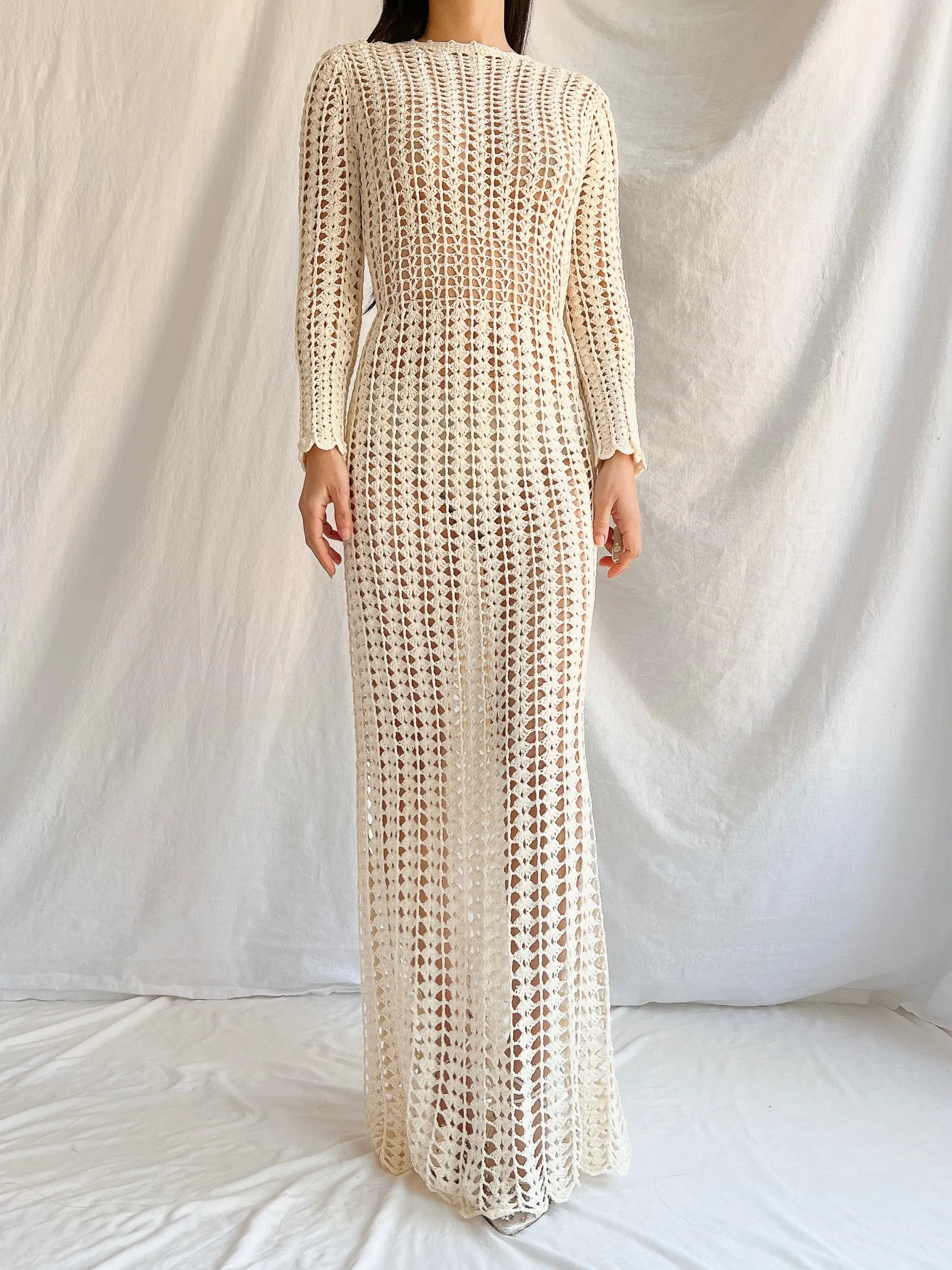 1970s Reversible Crochet Long Sleeve Dress - S