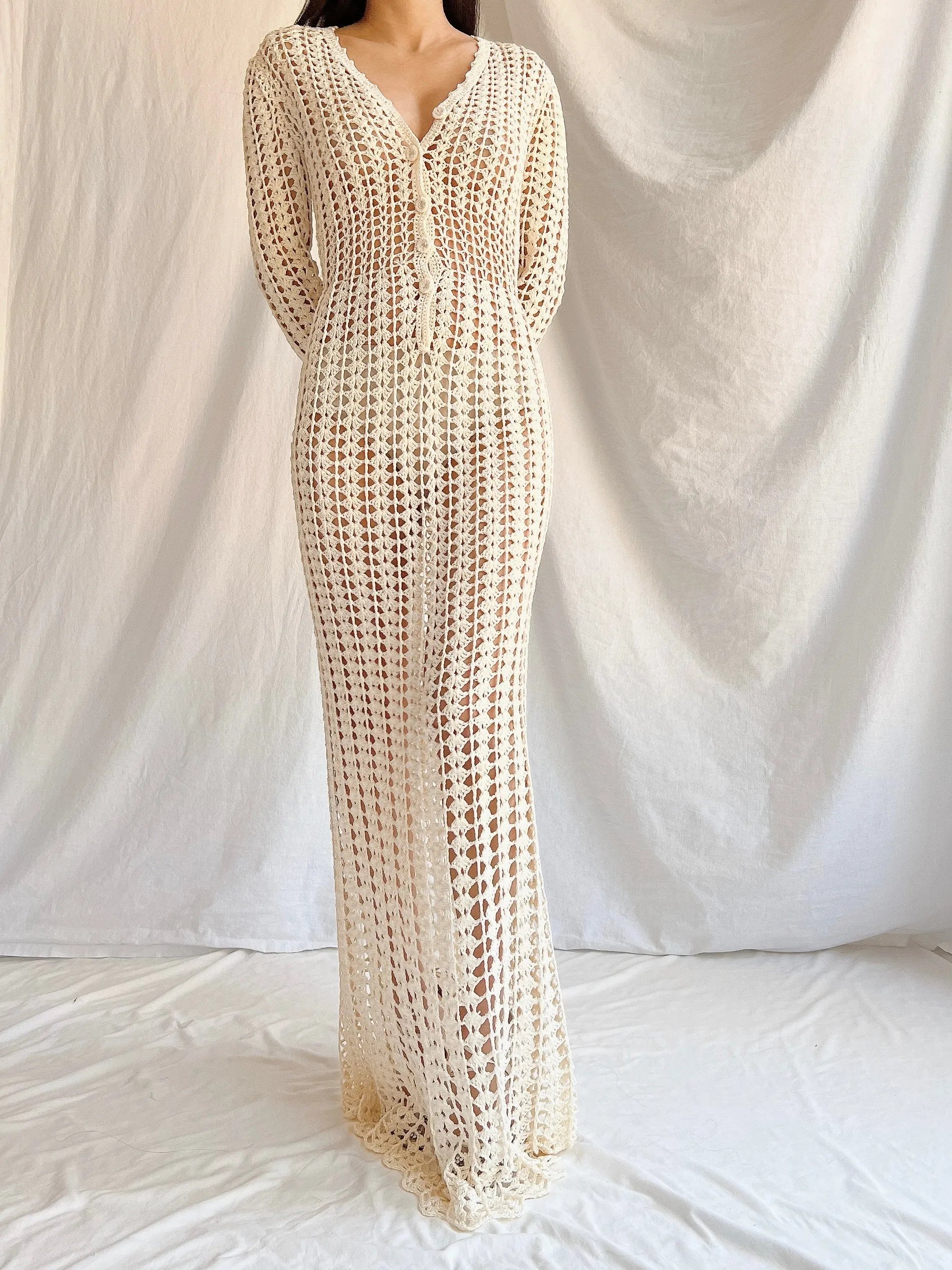 1970s Reversible Crochet Long Sleeve Dress - S