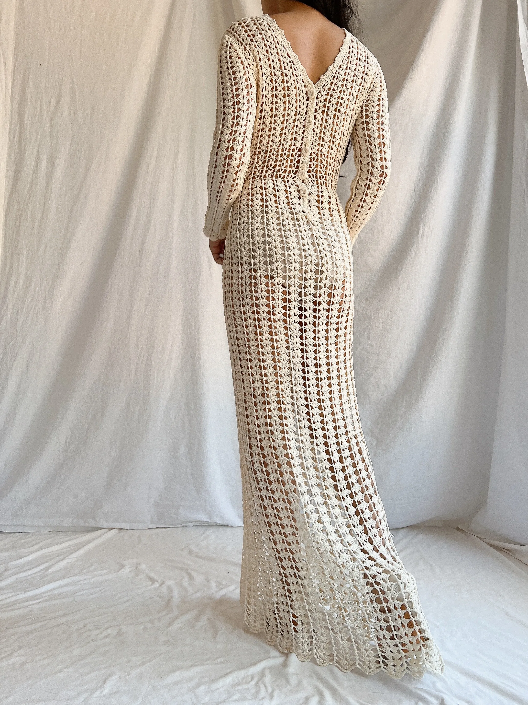 1970s Reversible Crochet Long Sleeve Dress - S