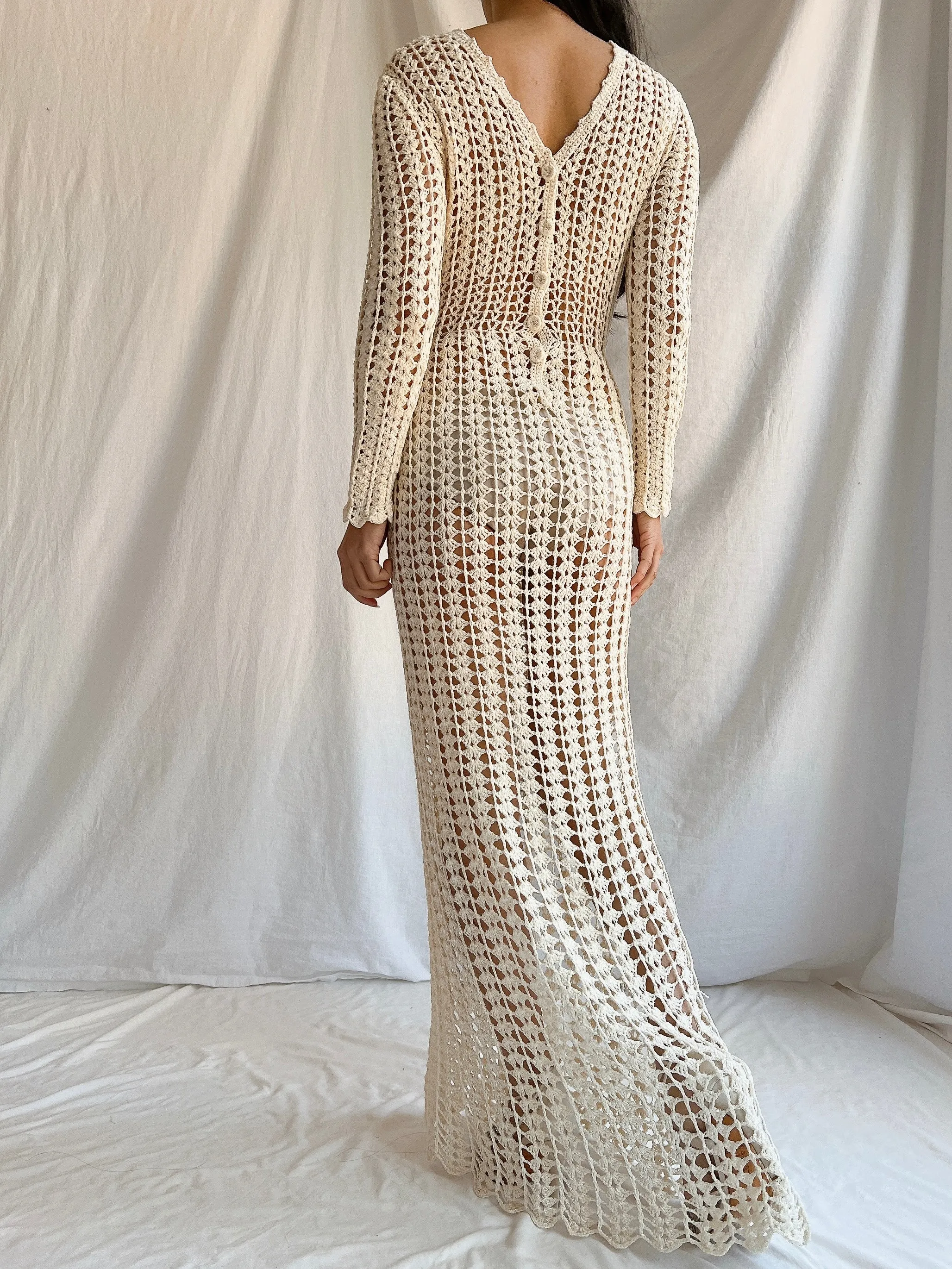 1970s Reversible Crochet Long Sleeve Dress - S