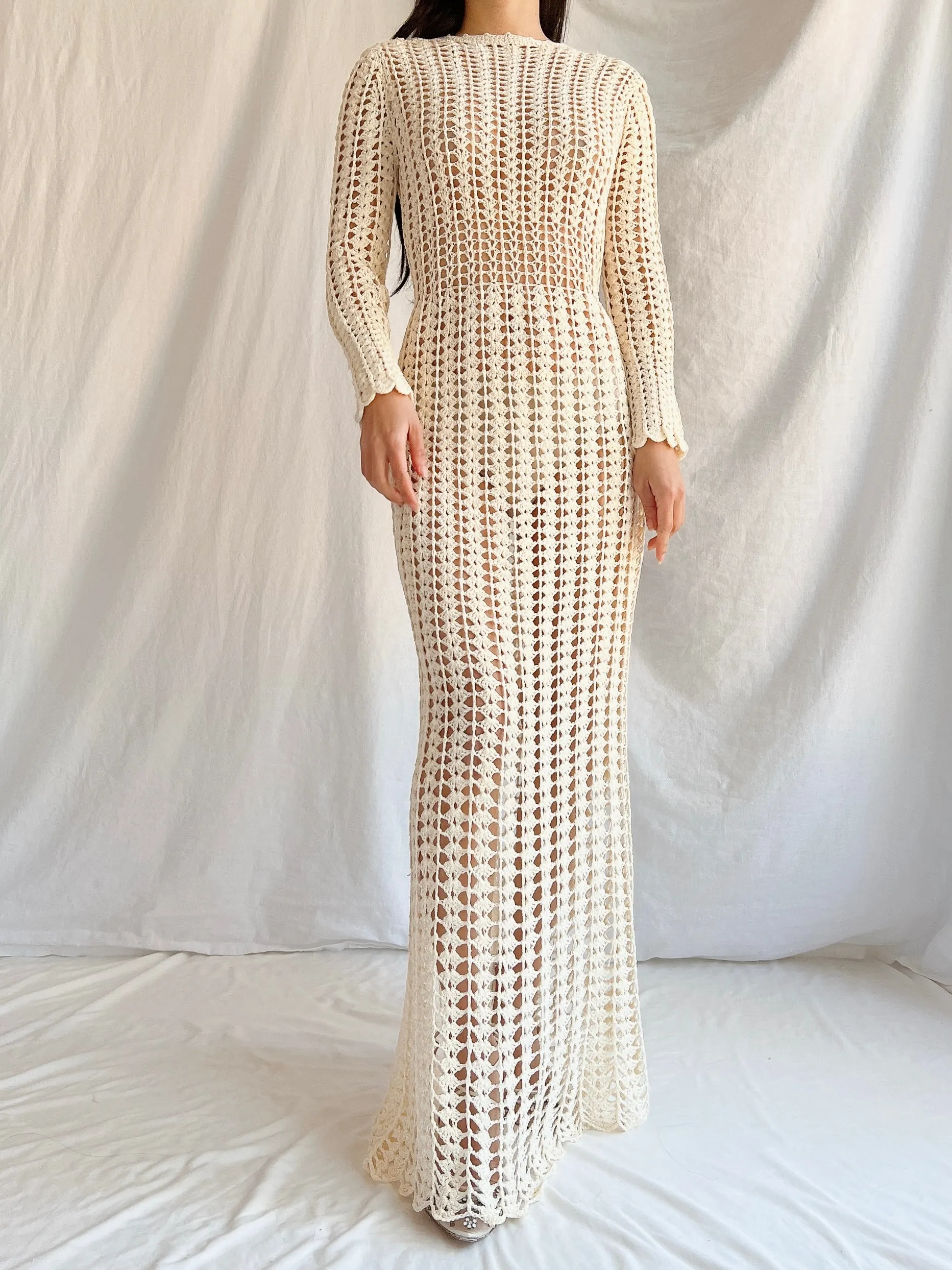 1970s Reversible Crochet Long Sleeve Dress - S