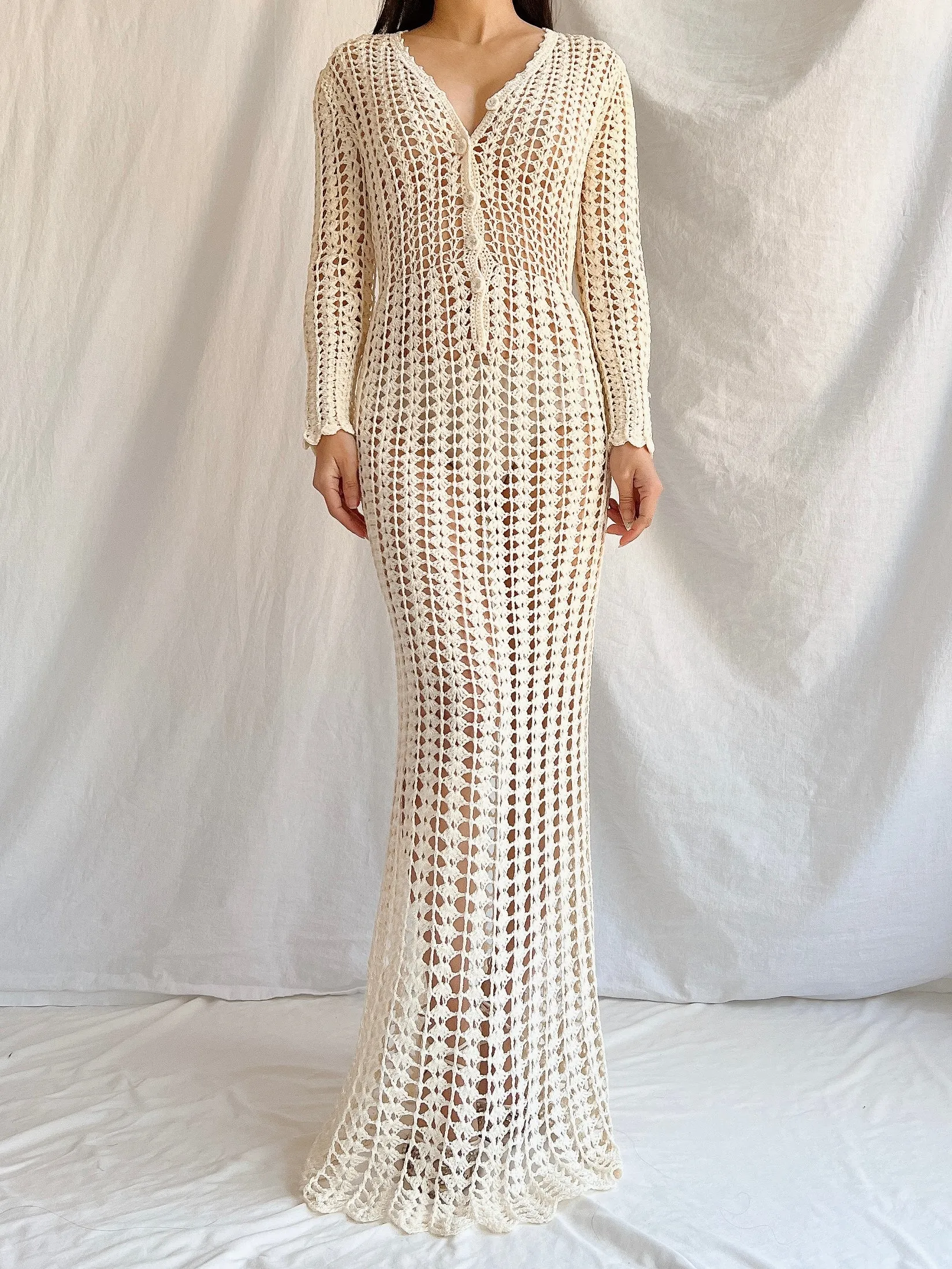 1970s Reversible Crochet Long Sleeve Dress - S
