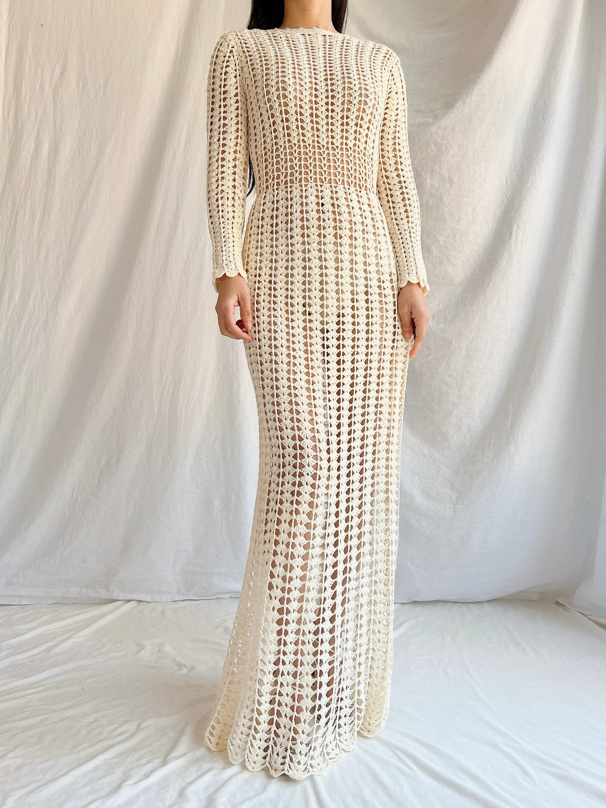 1970s Reversible Crochet Long Sleeve Dress - S