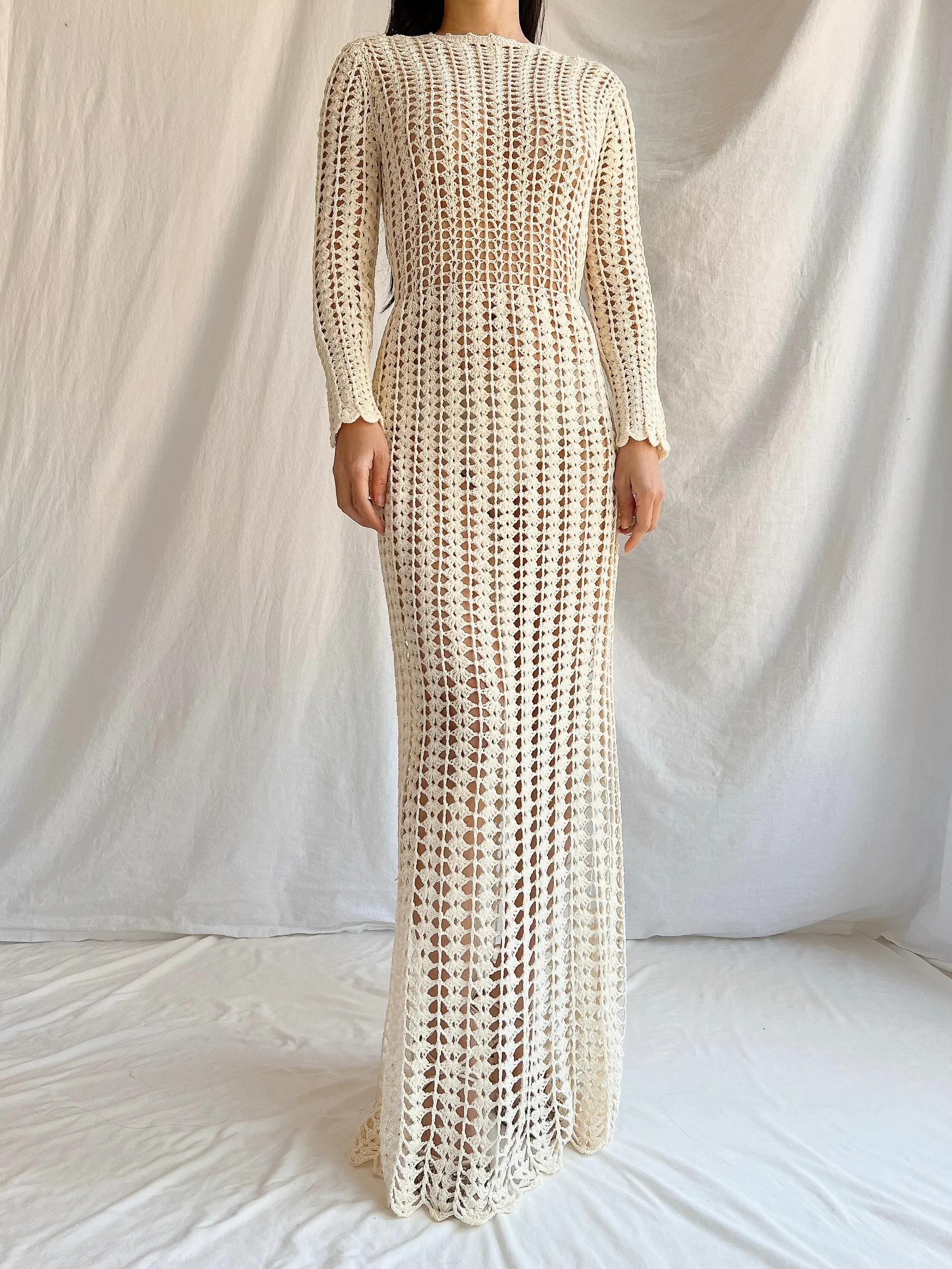 1970s Reversible Crochet Long Sleeve Dress - S