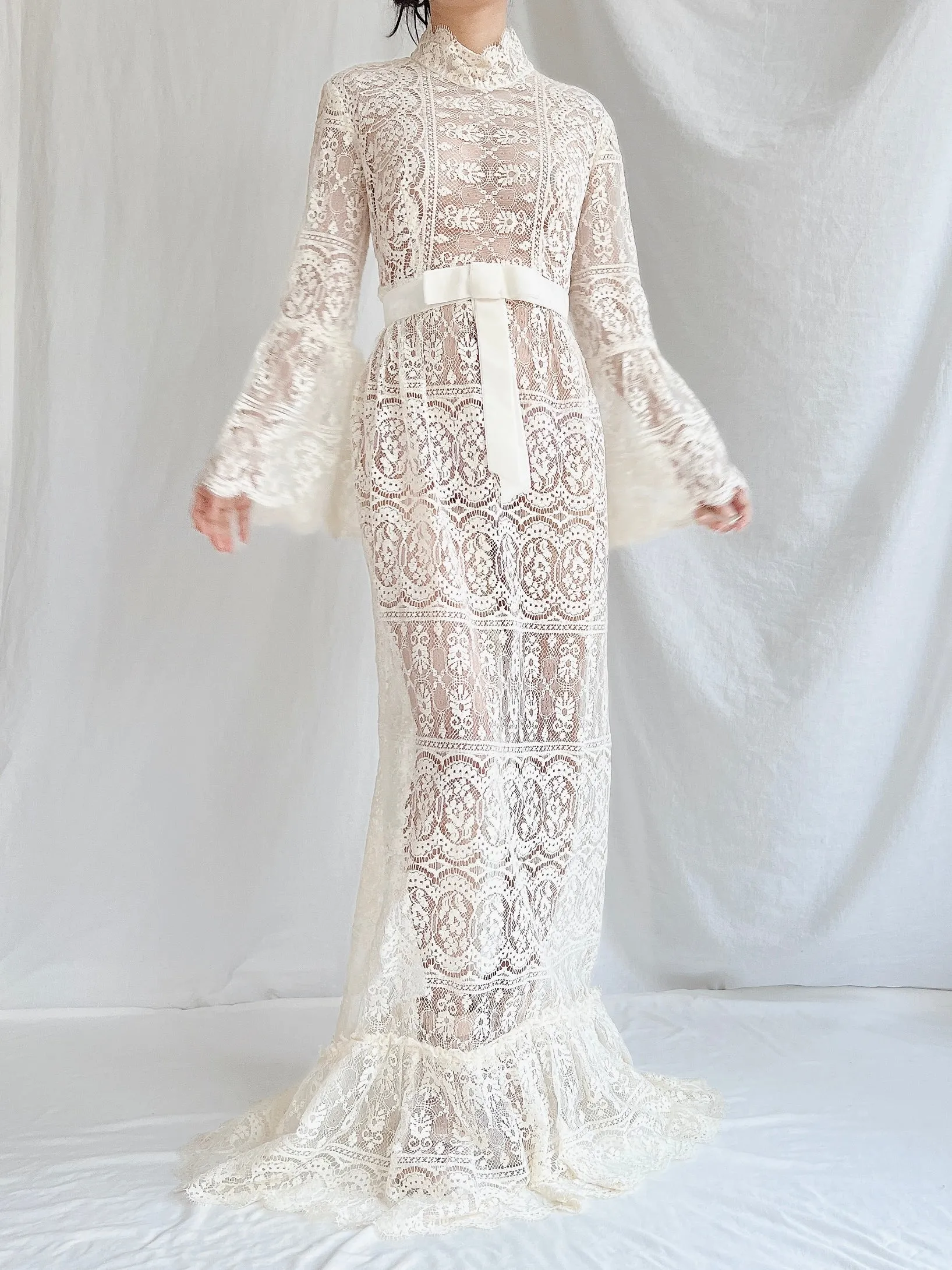 1970s Sheer Filet Lace Gown - M