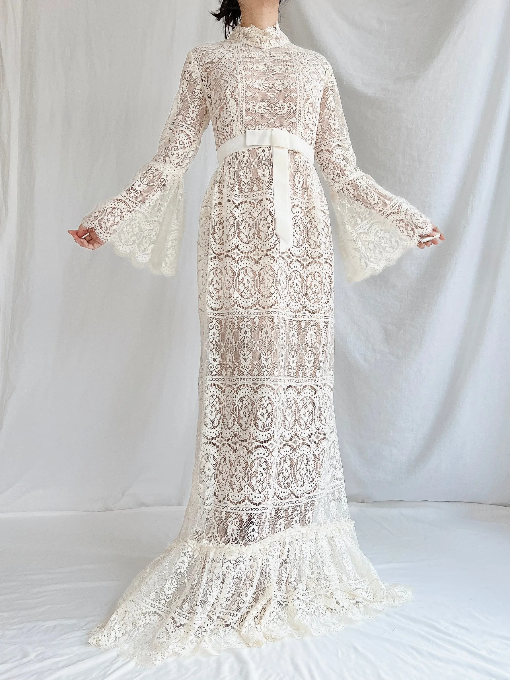 1970s Sheer Filet Lace Gown - M