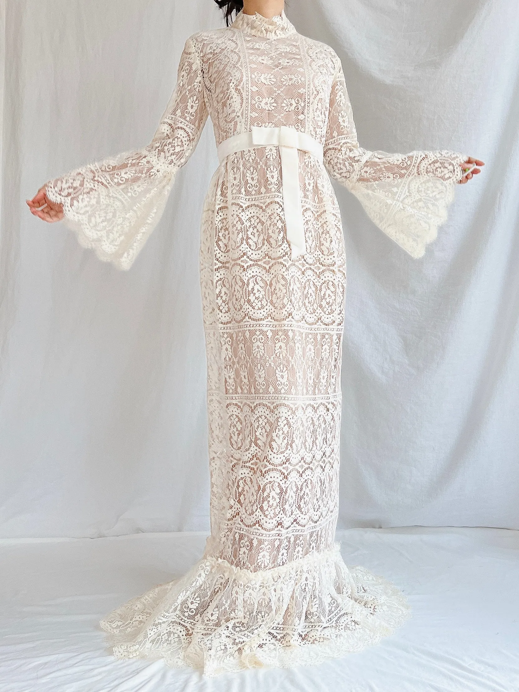 1970s Sheer Filet Lace Gown - M