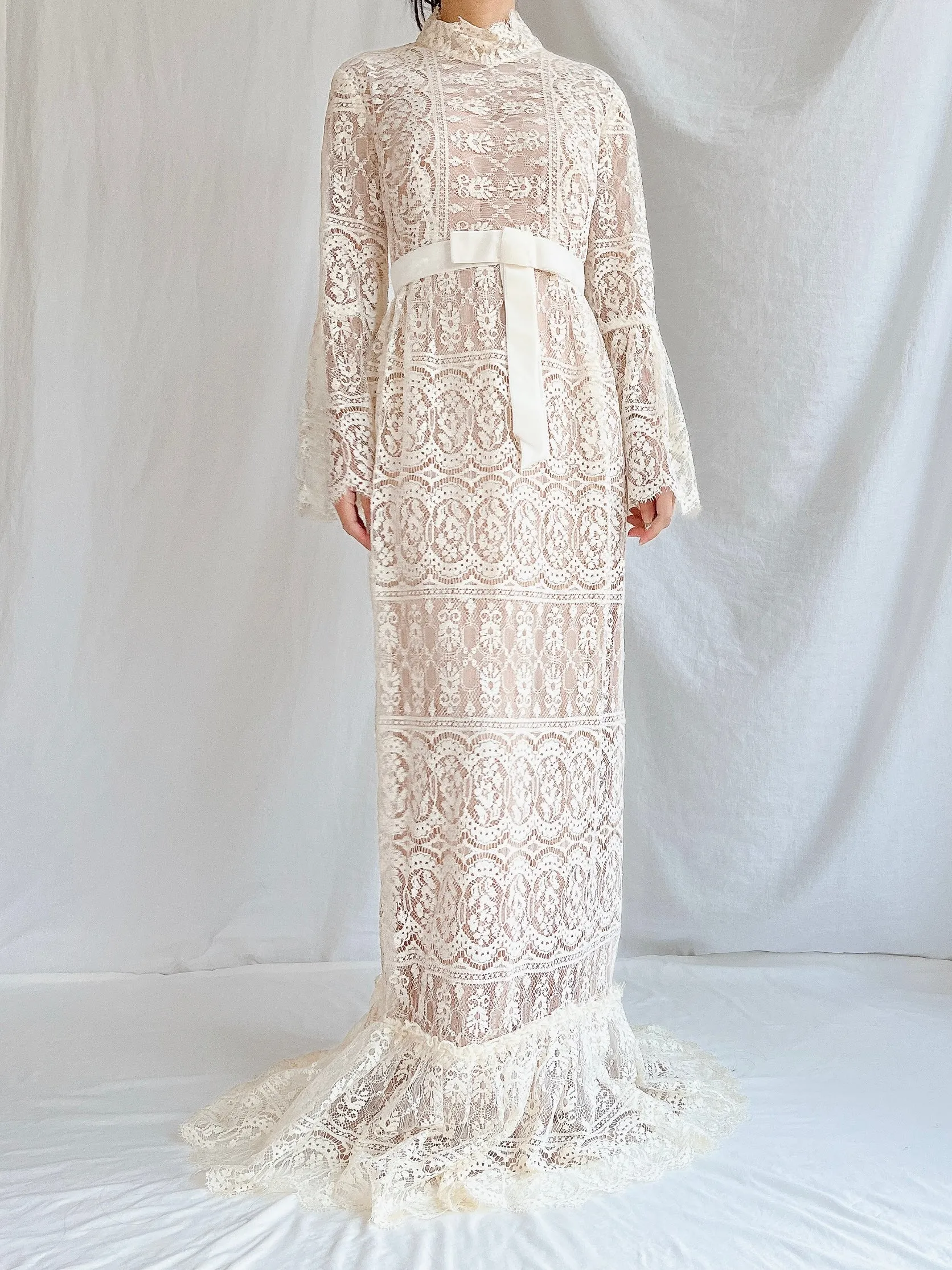 1970s Sheer Filet Lace Gown - M