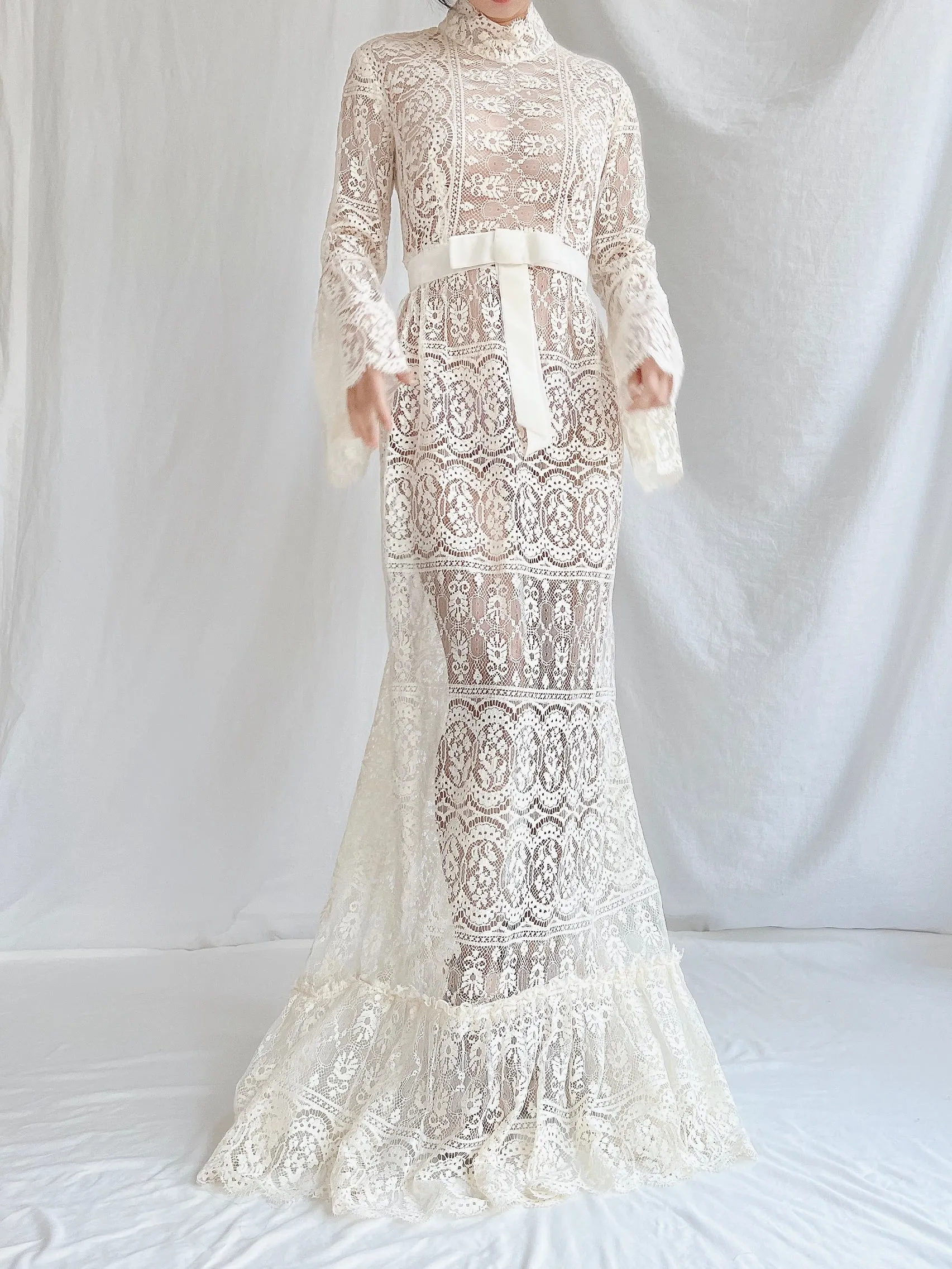 1970s Sheer Filet Lace Gown - M