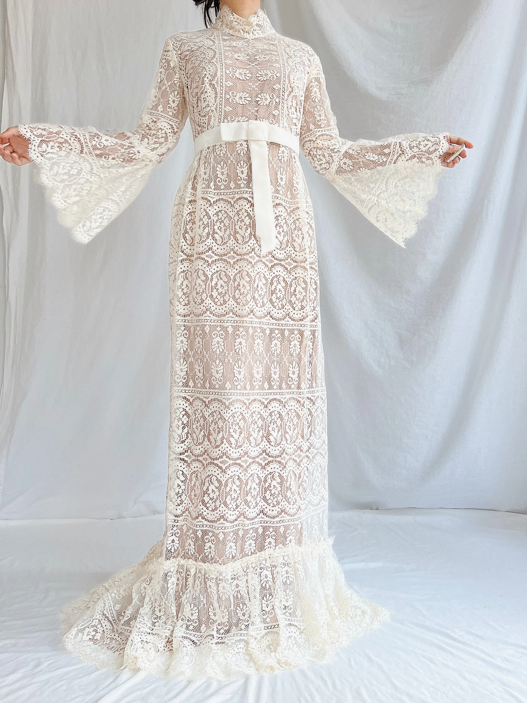 1970s Sheer Filet Lace Gown - M