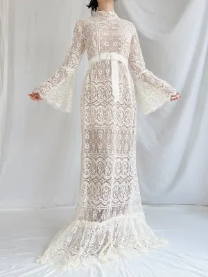 1970s Sheer Filet Lace Gown - M
