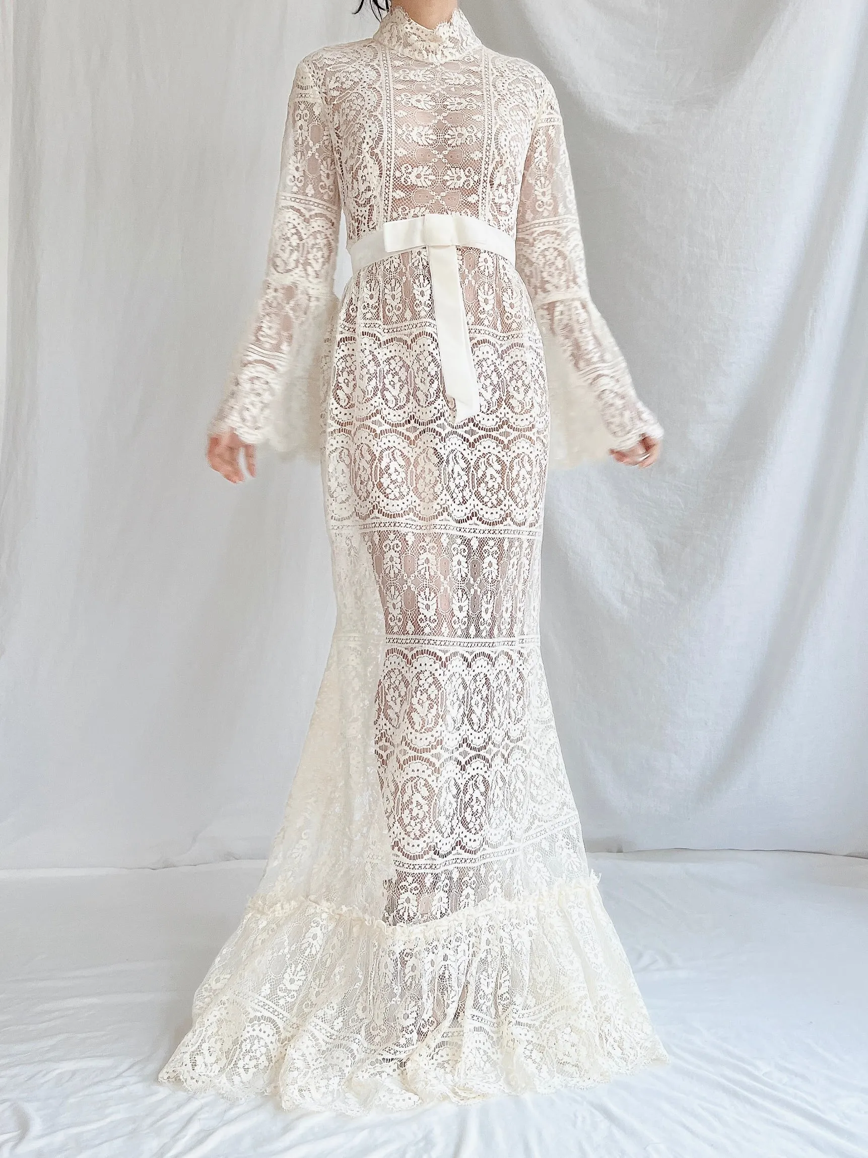 1970s Sheer Filet Lace Gown - M