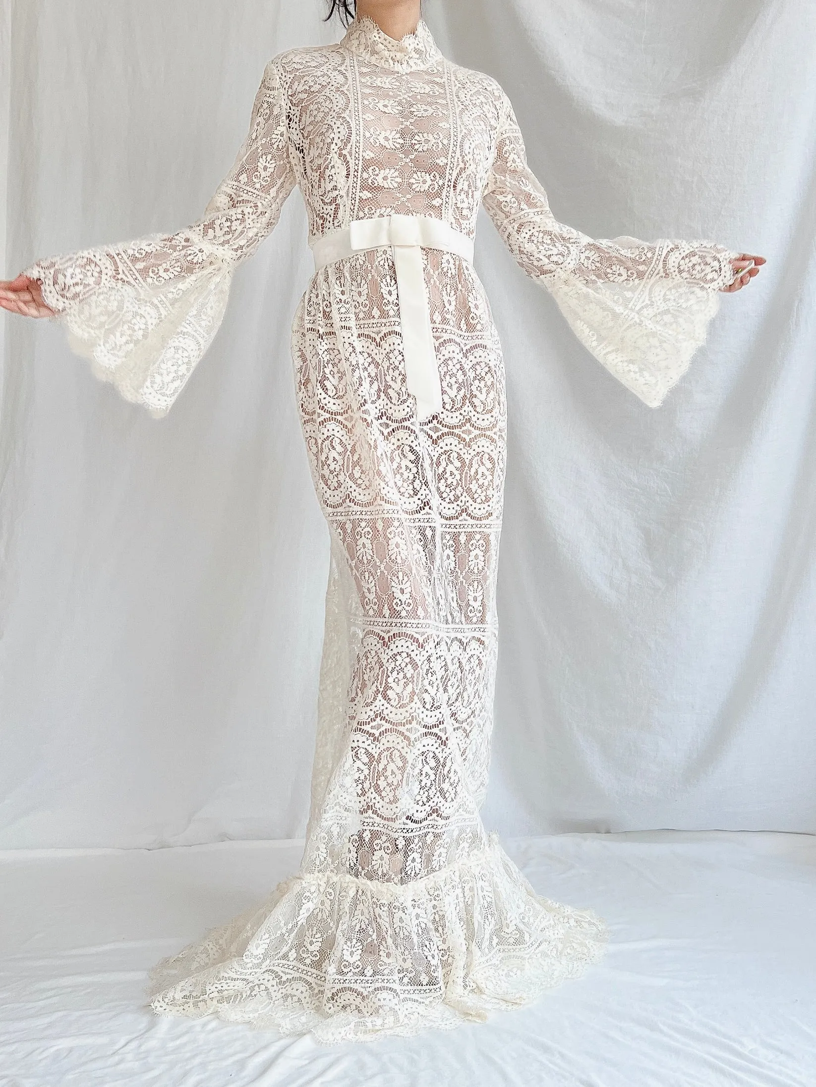 1970s Sheer Filet Lace Gown - M