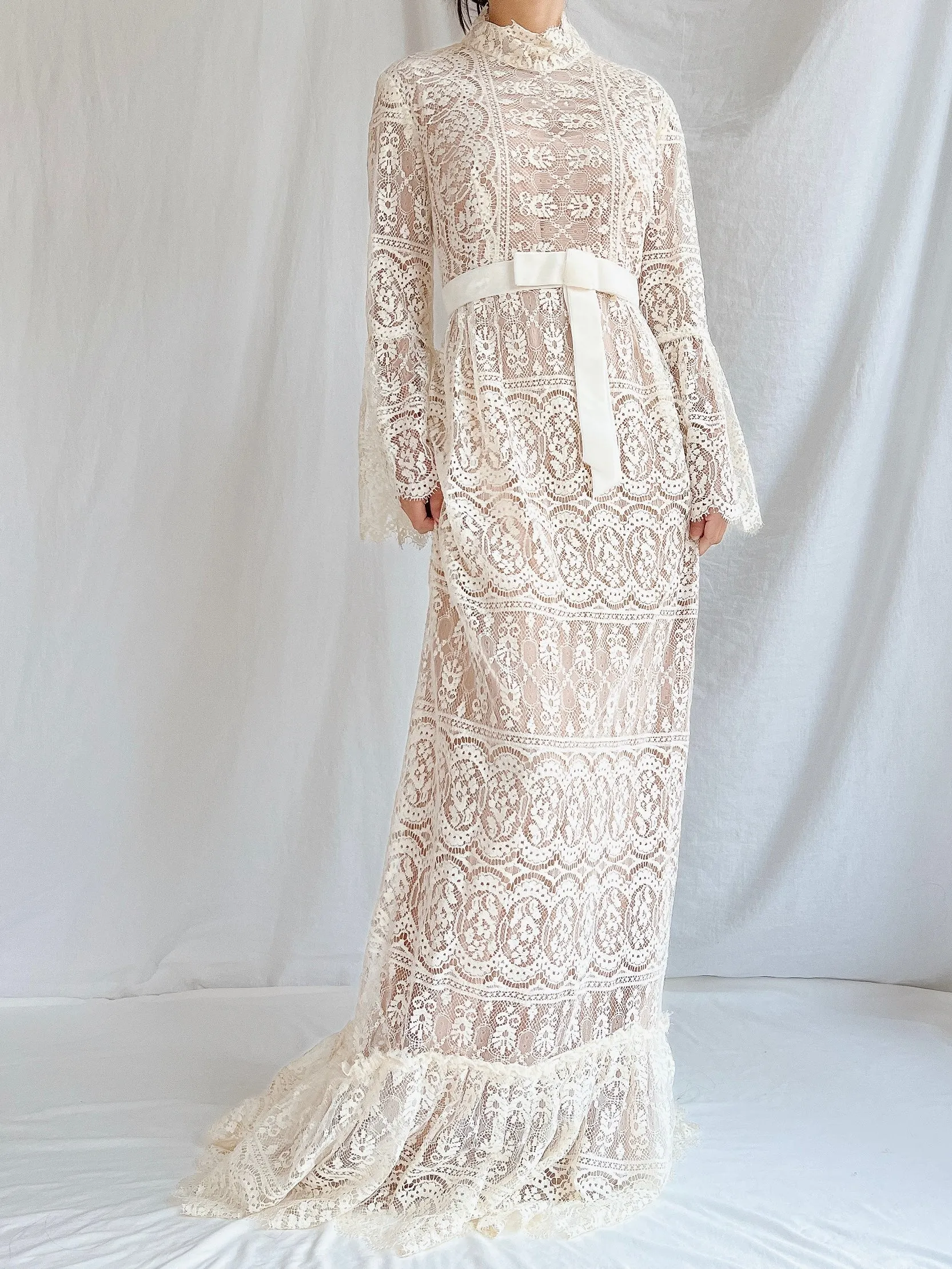 1970s Sheer Filet Lace Gown - M