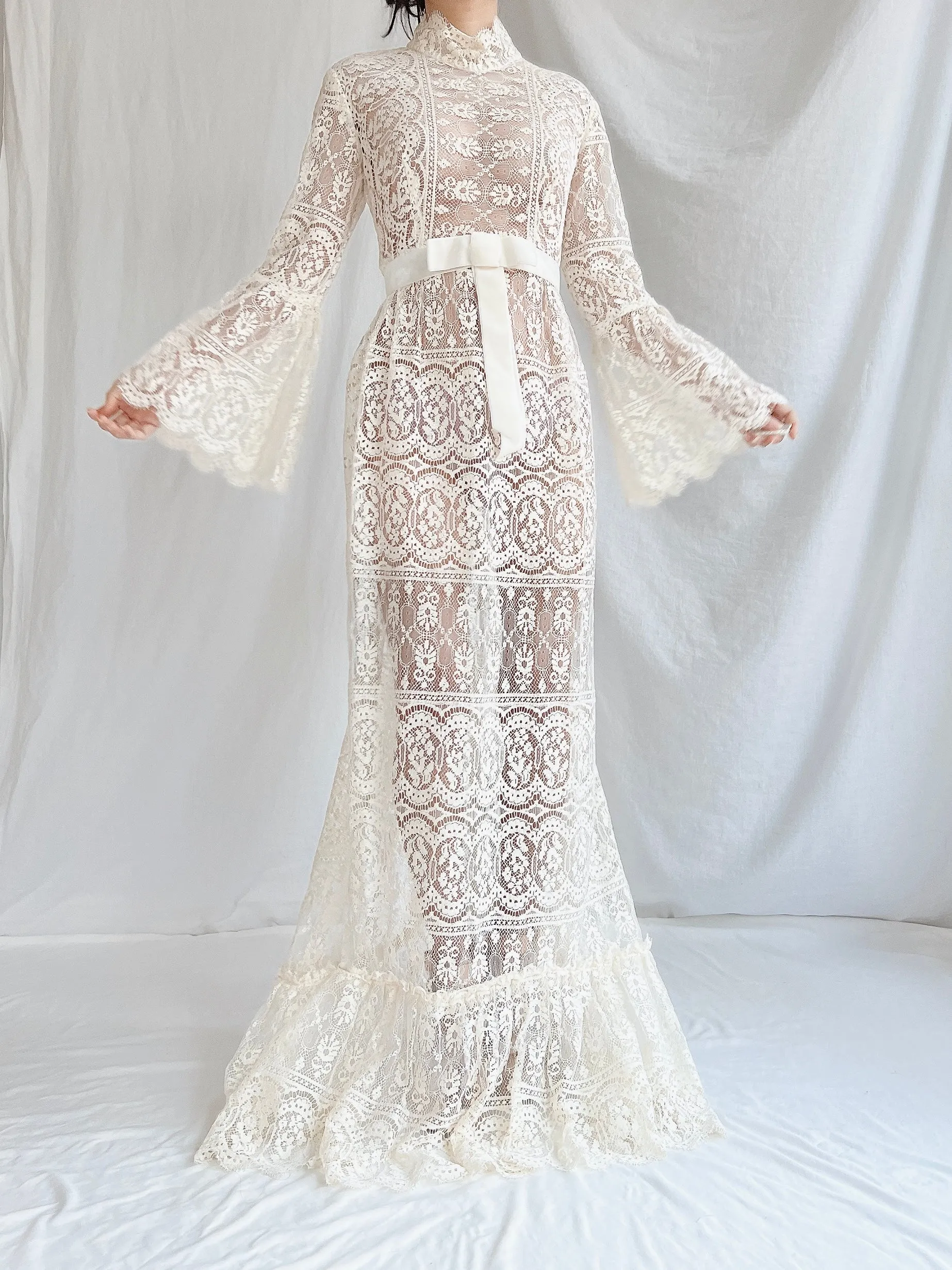 1970s Sheer Filet Lace Gown - M