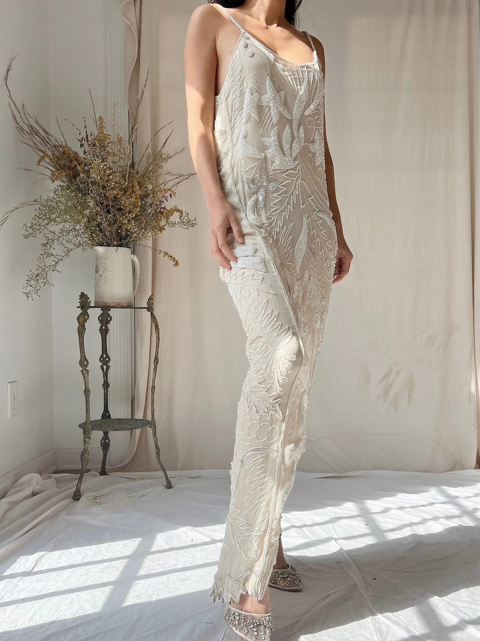 1980s Silk Chiffon Seed Pearls Stars Dress - M