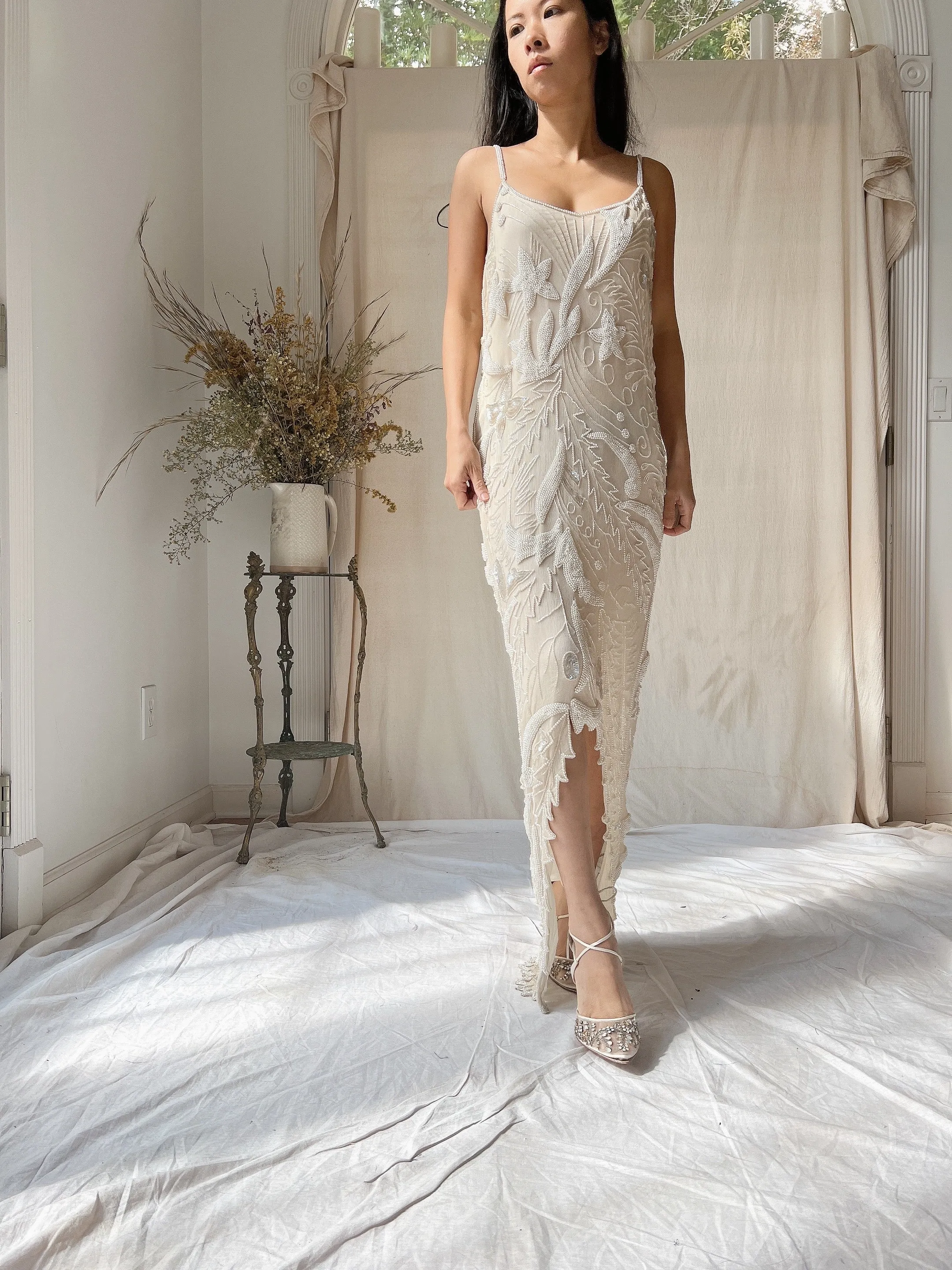 1980s Silk Chiffon Seed Pearls Stars Dress - M