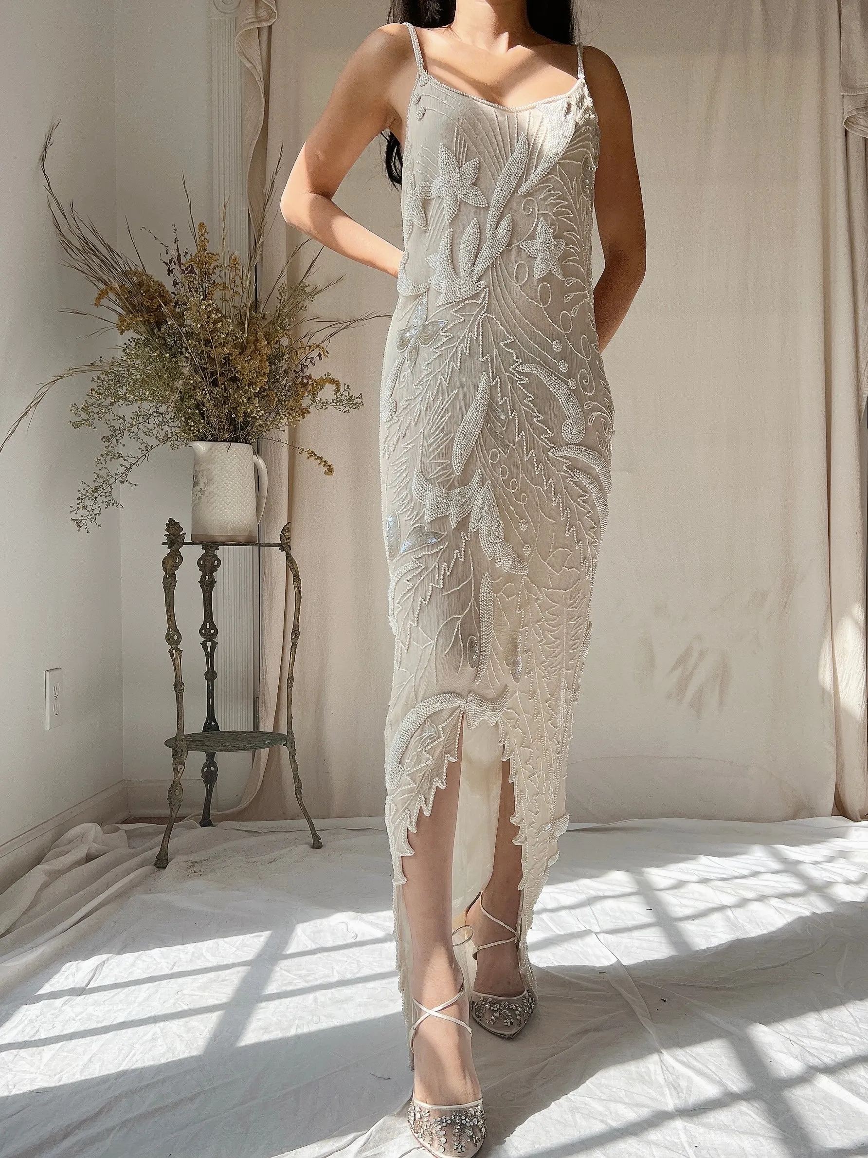 1980s Silk Chiffon Seed Pearls Stars Dress - M