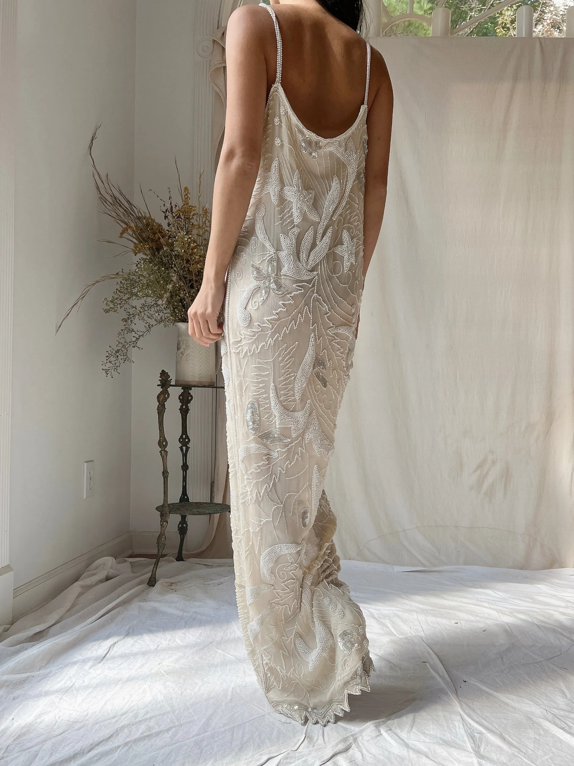 1980s Silk Chiffon Seed Pearls Stars Dress - M