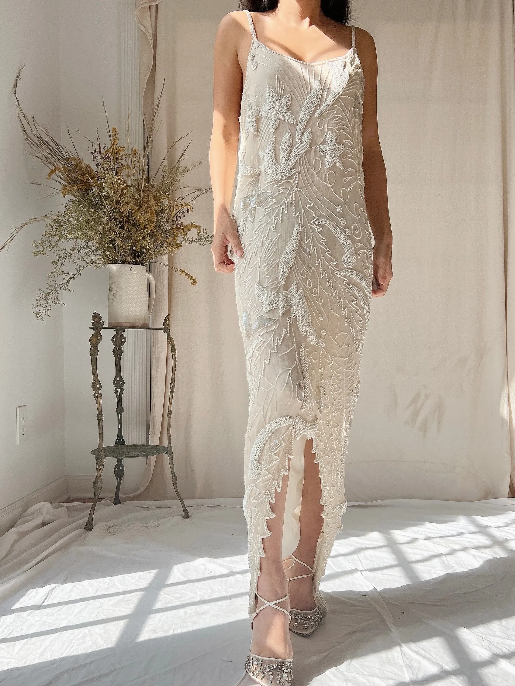 1980s Silk Chiffon Seed Pearls Stars Dress - M