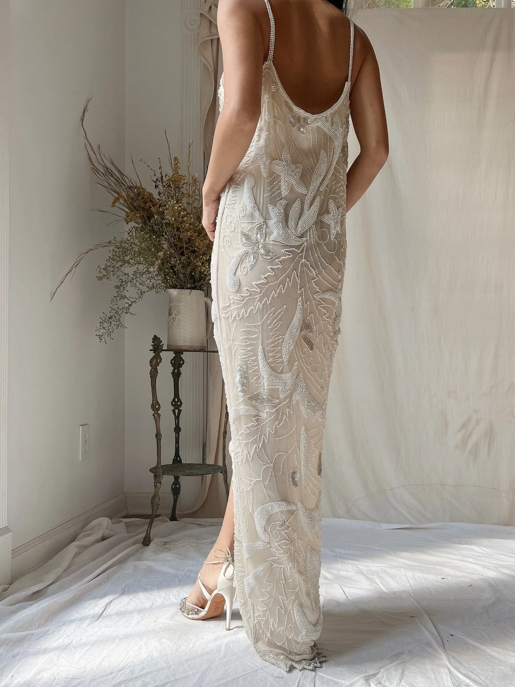 1980s Silk Chiffon Seed Pearls Stars Dress - M