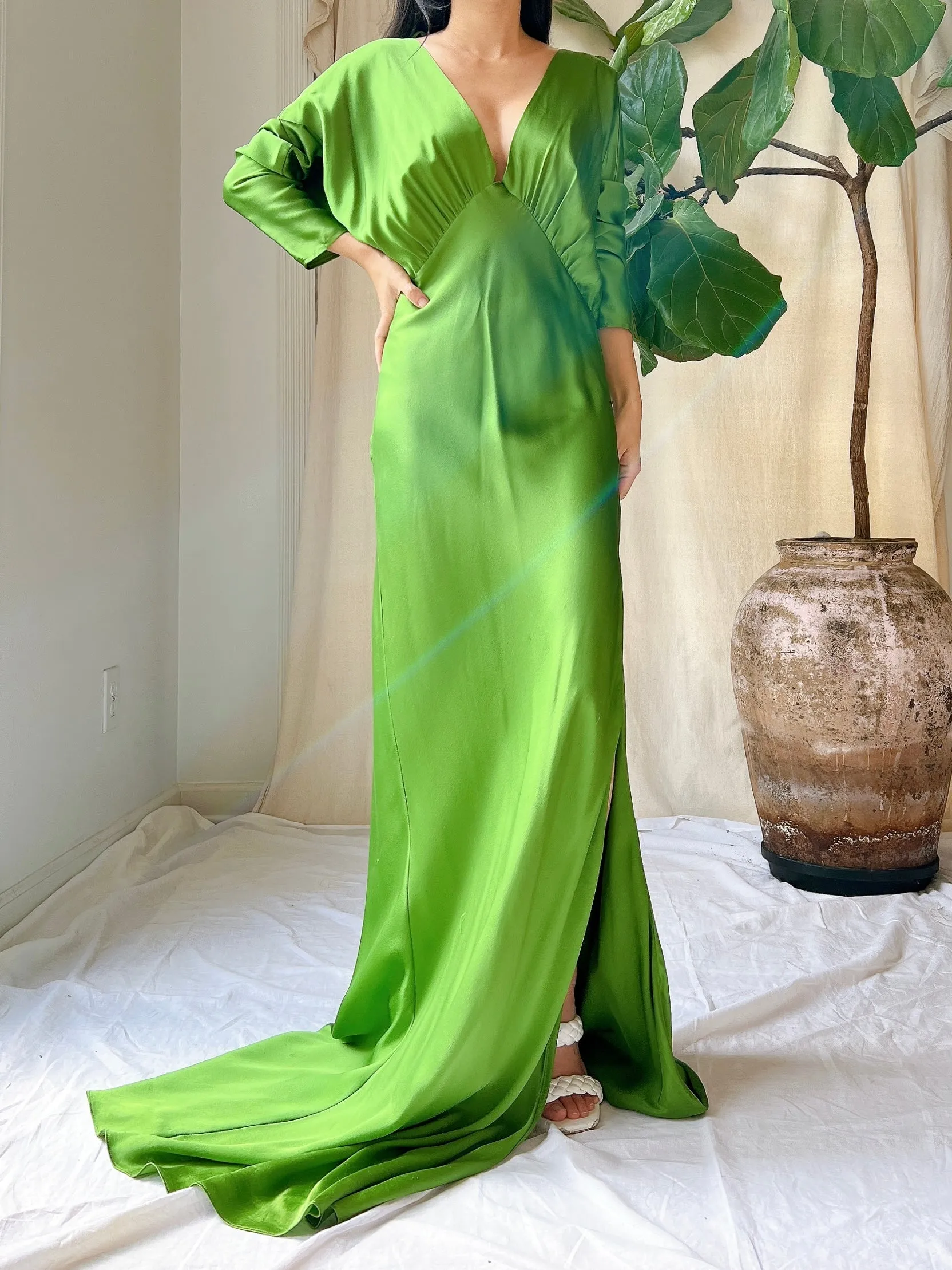Apple Green Silk Bias Cut Gown - M