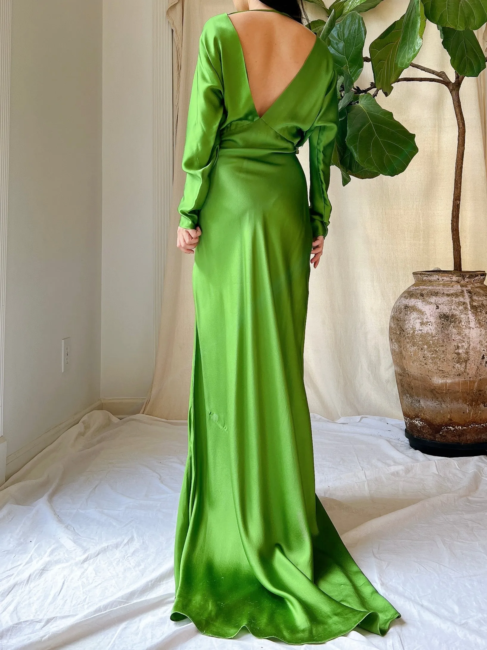 Apple Green Silk Bias Cut Gown - M