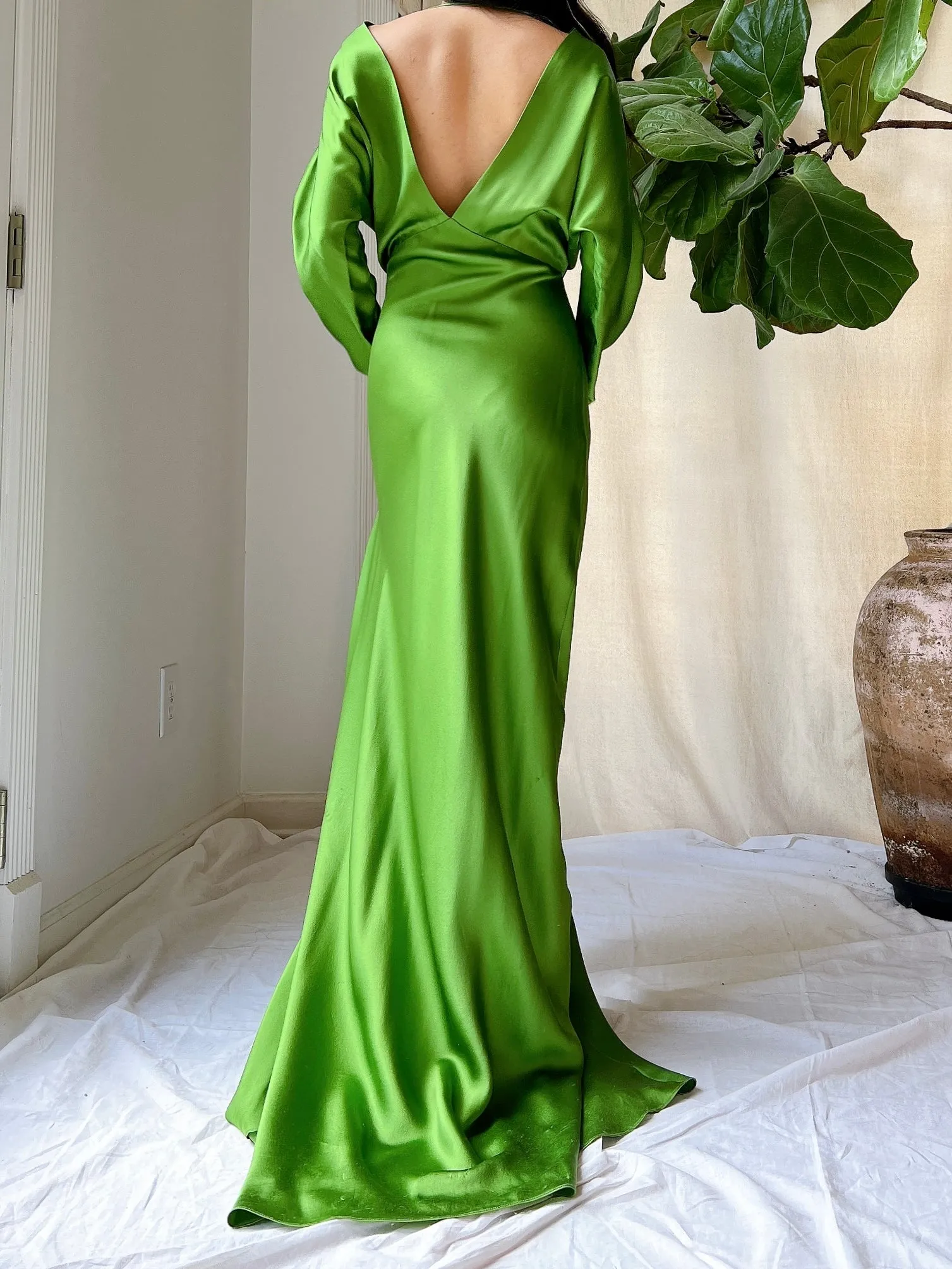 Apple Green Silk Bias Cut Gown - M