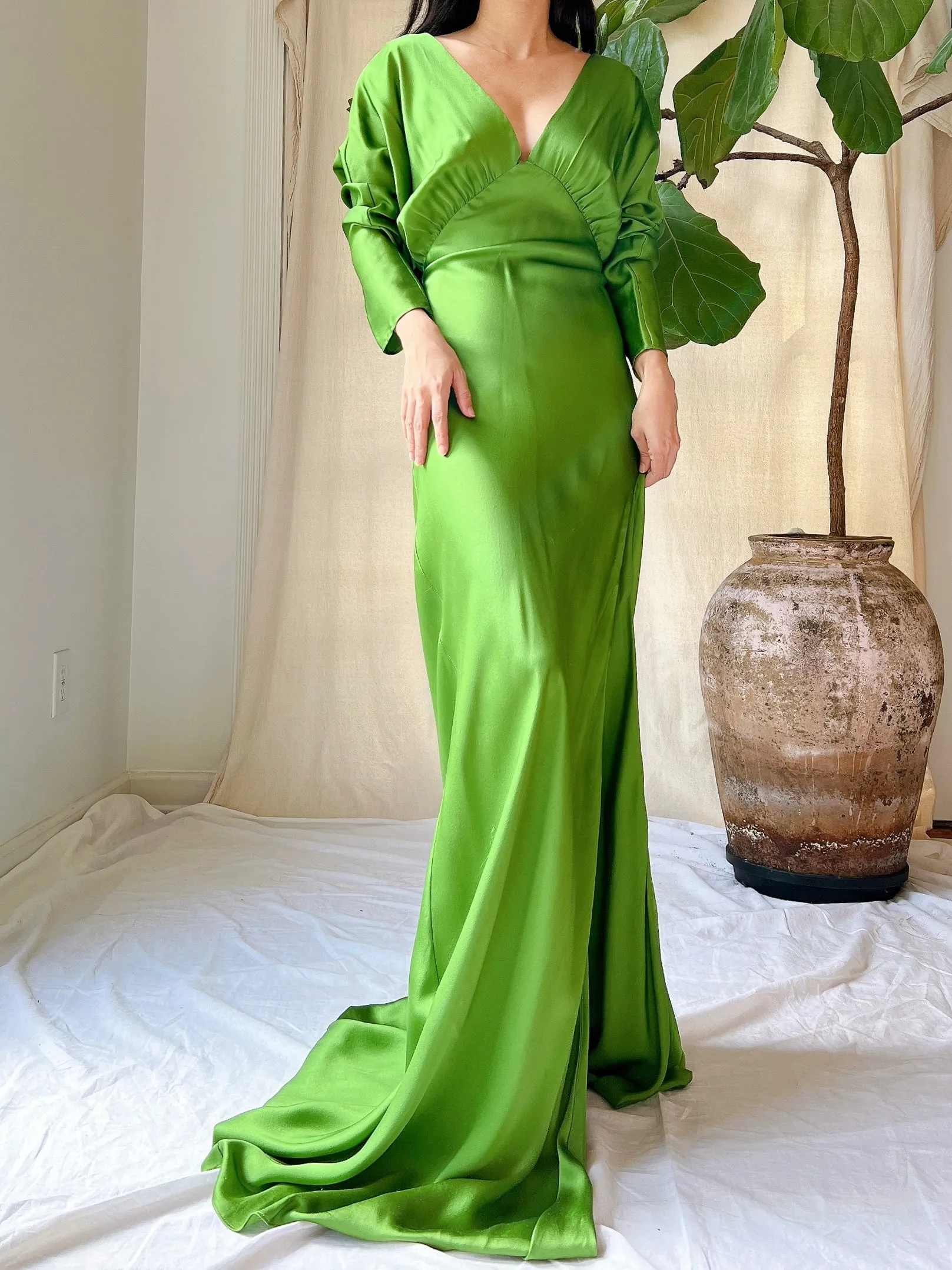 Apple Green Silk Bias Cut Gown - M