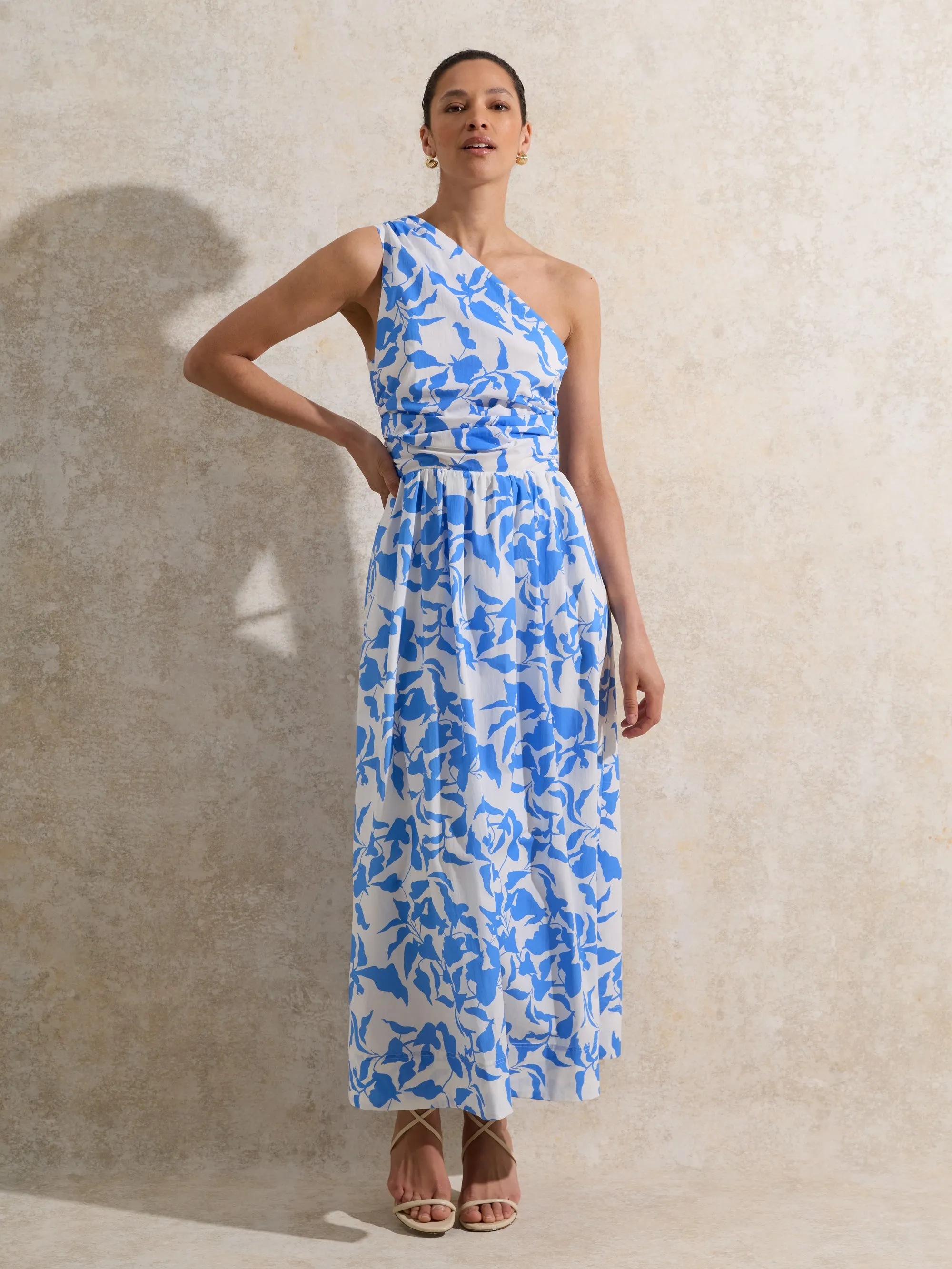 Aubrey Blue Leaf-Print One-Shoulder Dress