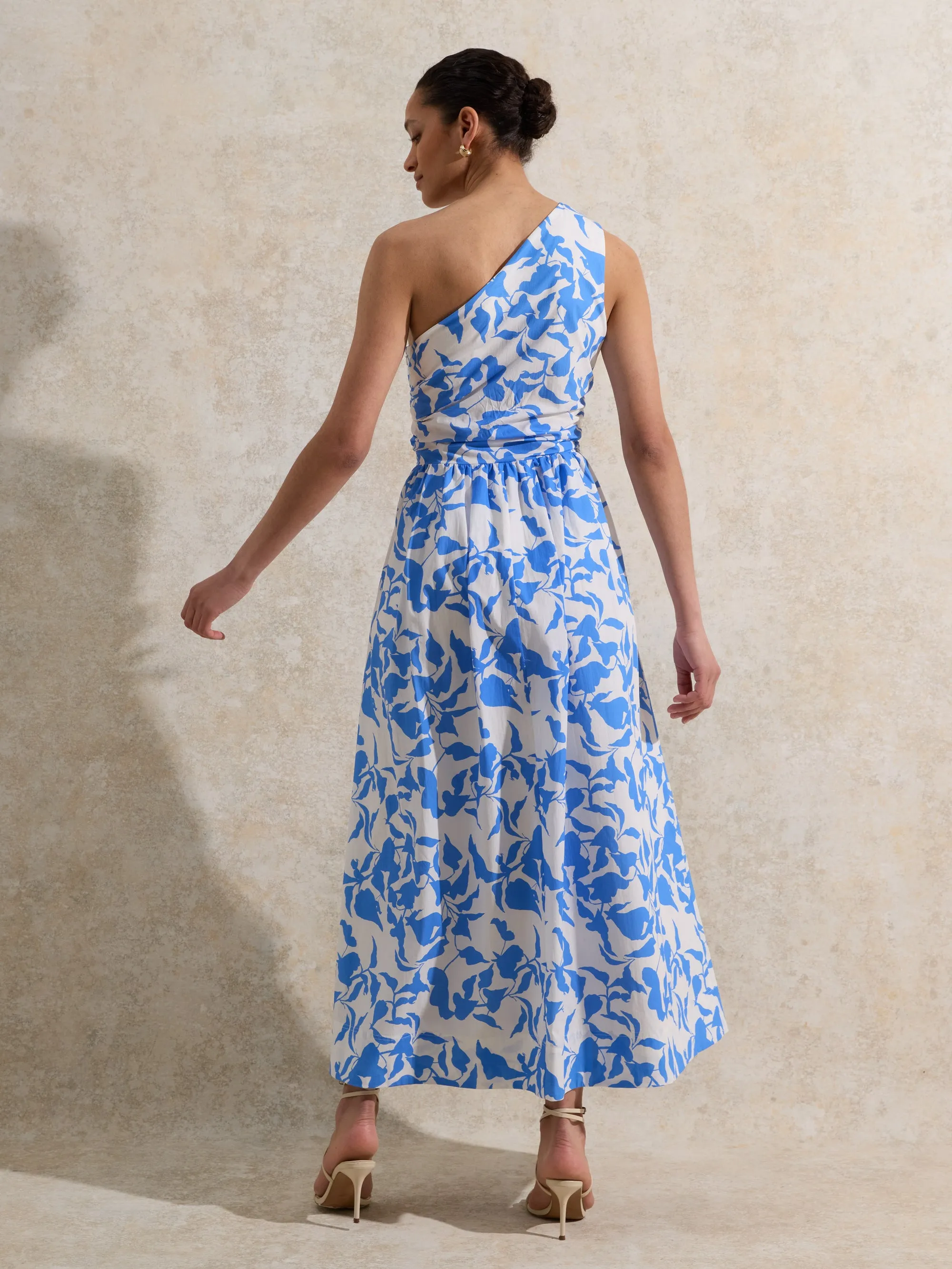 Aubrey Blue Leaf-Print One-Shoulder Dress