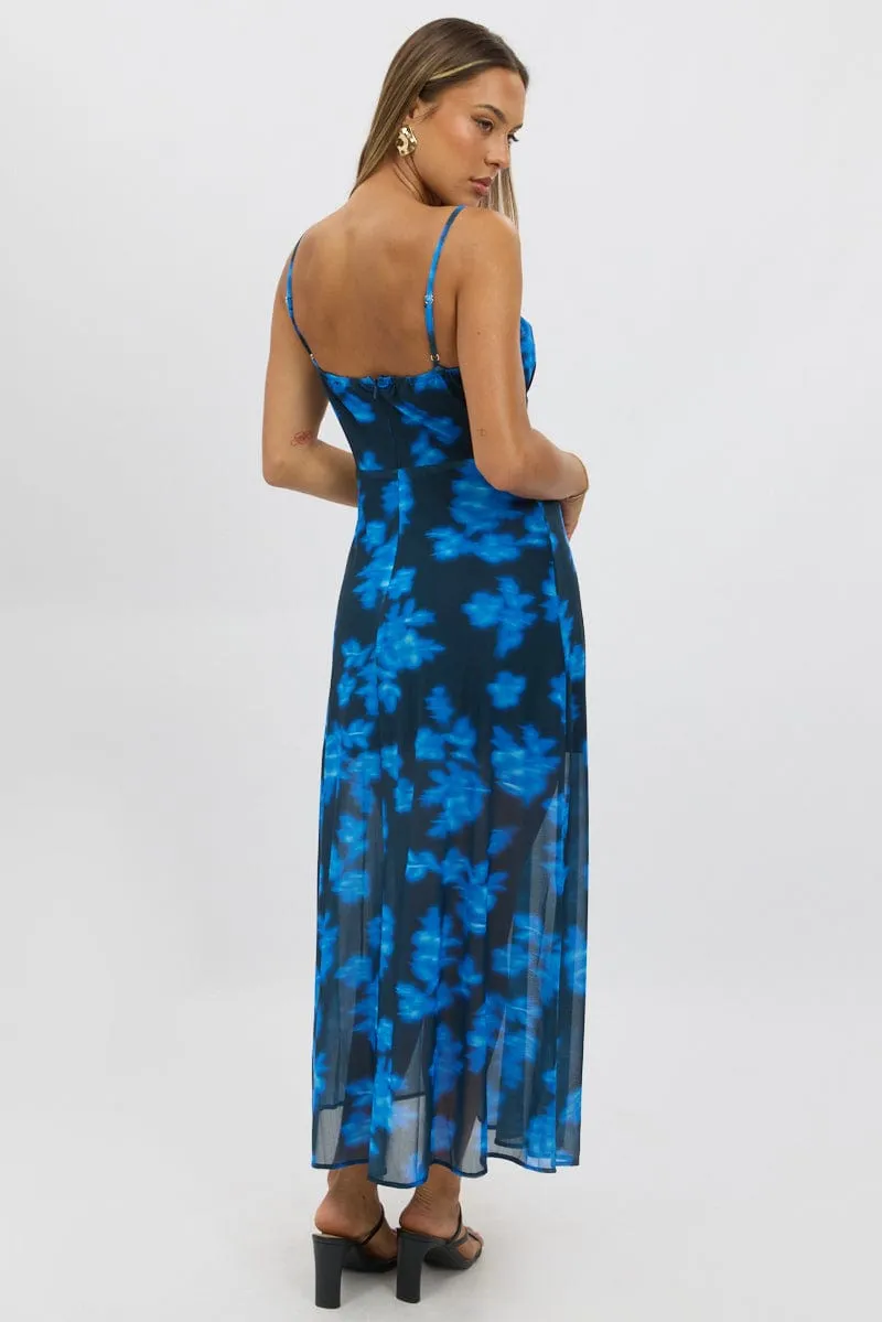 Blue Abstract Midi Dress Gathered Bust