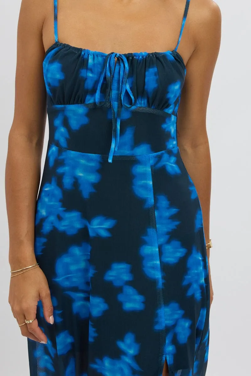 Blue Abstract Midi Dress Gathered Bust