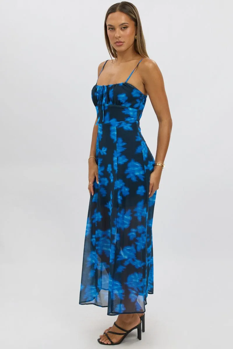 Blue Abstract Midi Dress Gathered Bust