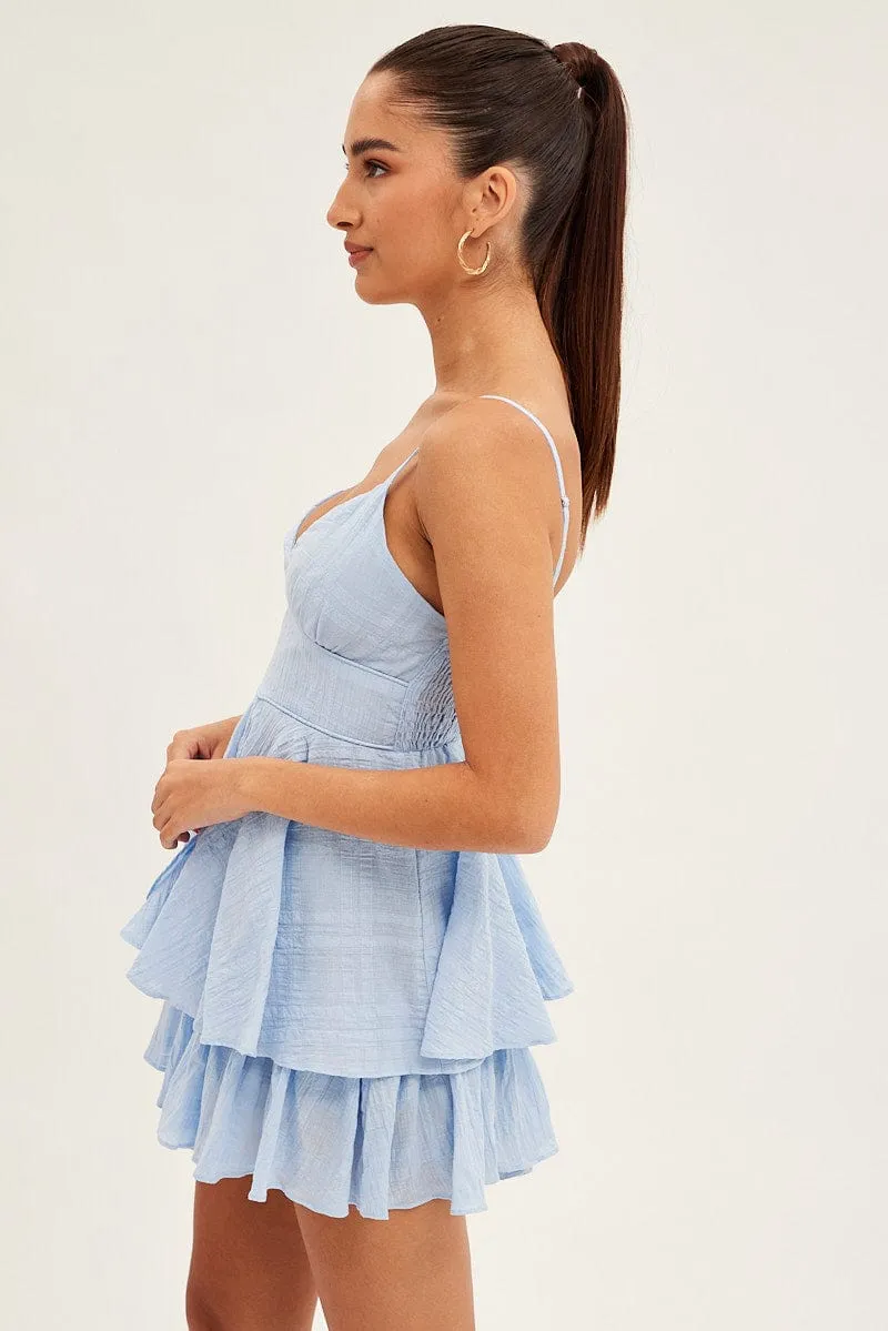 Blue Layered Playsuit Sleeveless V Neck