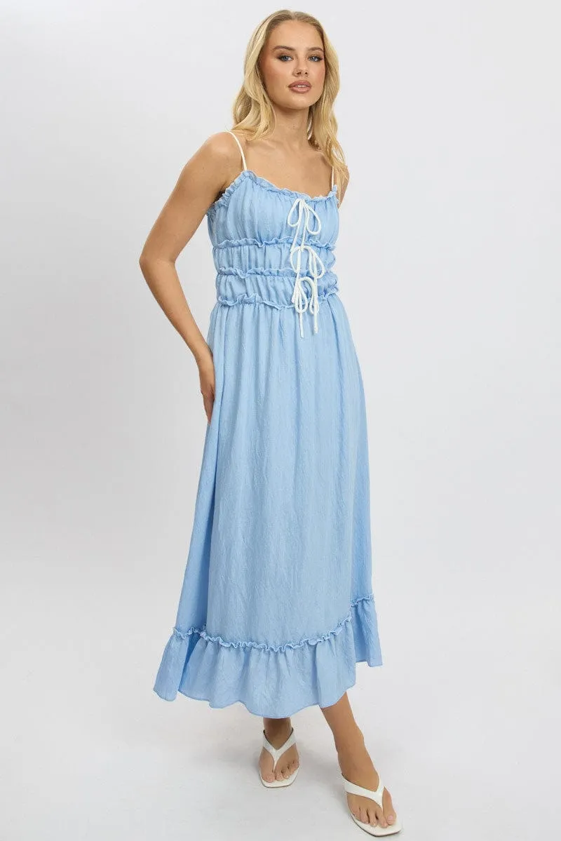 Blue Midi Dress Contrast Tie