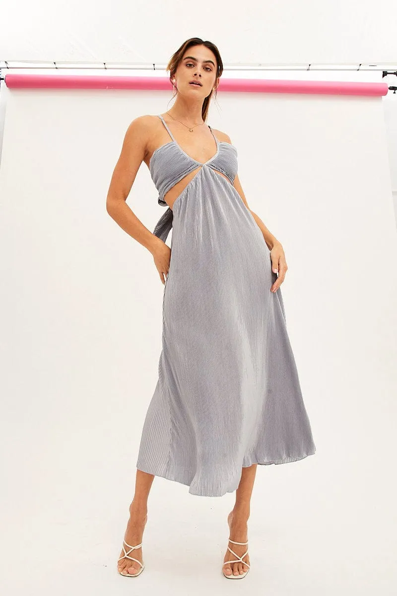 Blue Plisse Midi Dress Tie Back